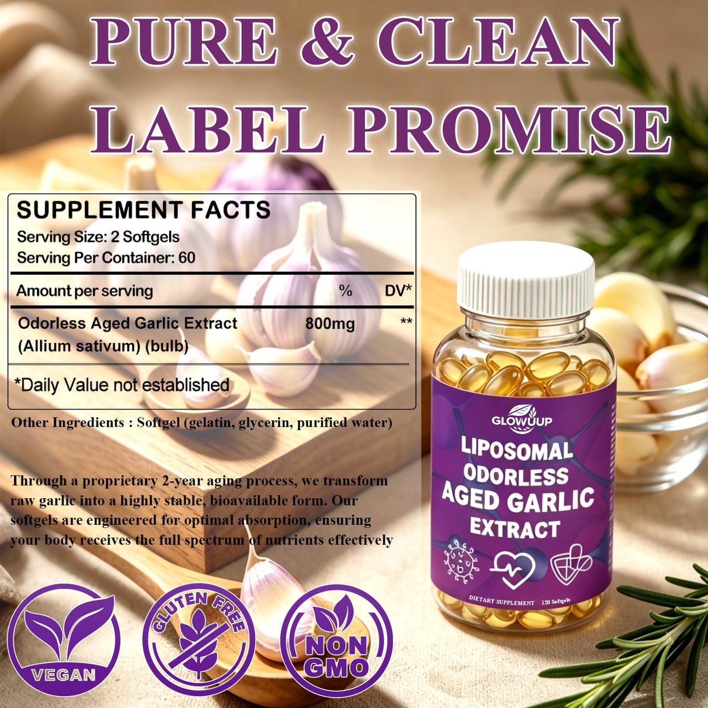 GLOVVUUP Aged Garlic Extract 800mg Softgels, 120 Count