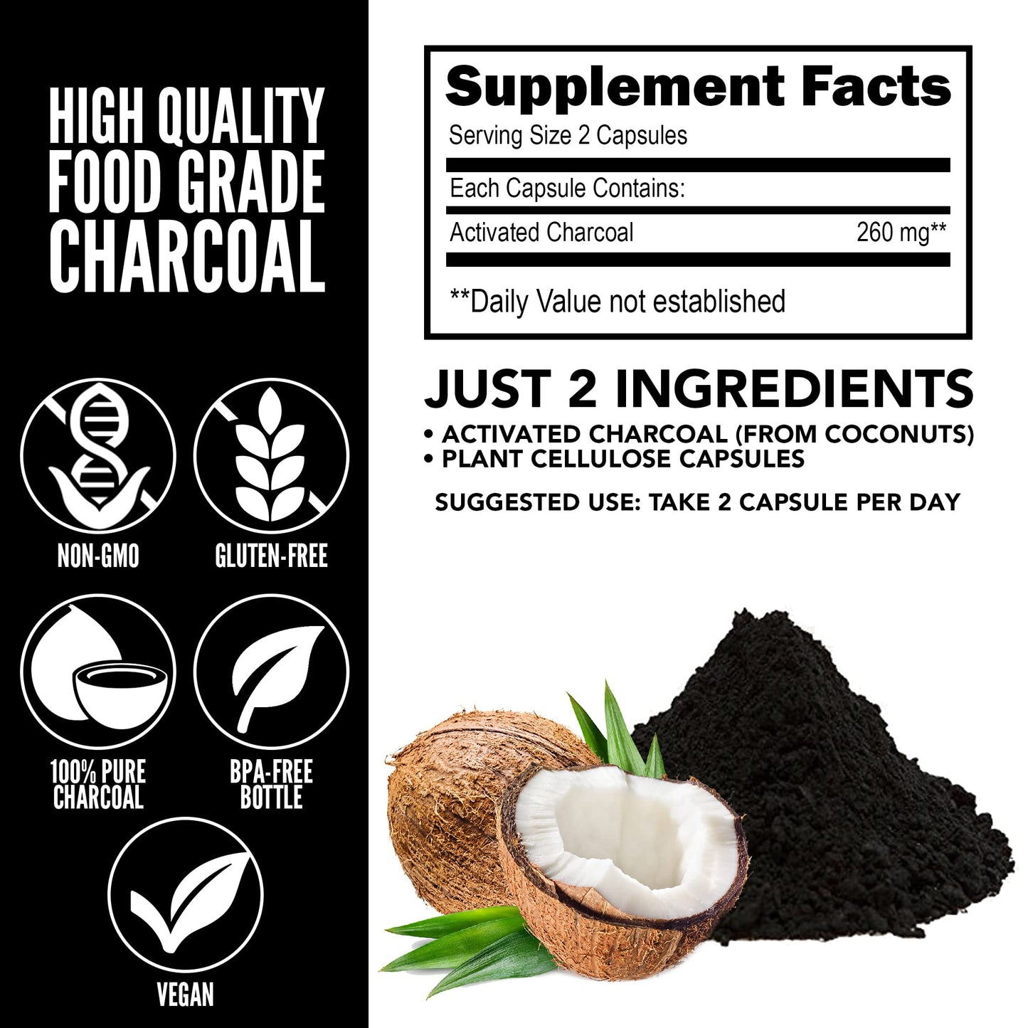 Yerba Prima Activated Coconut Charcoal Capsules, 60 Count