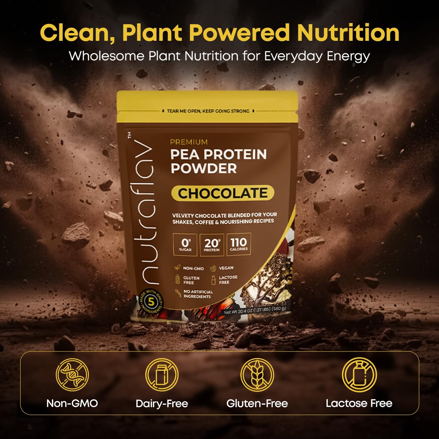 Nutraflav Chocolate Vegan Pea Protein Powder 20.4 Servings