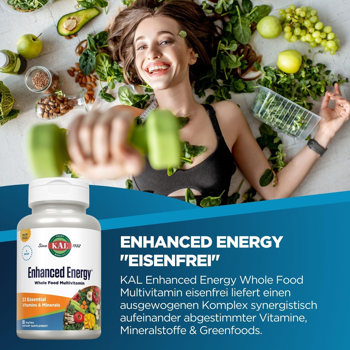 KAL Enhanced Energy Iron Free Tablets Vegetarian Tablet, 90 Tablets