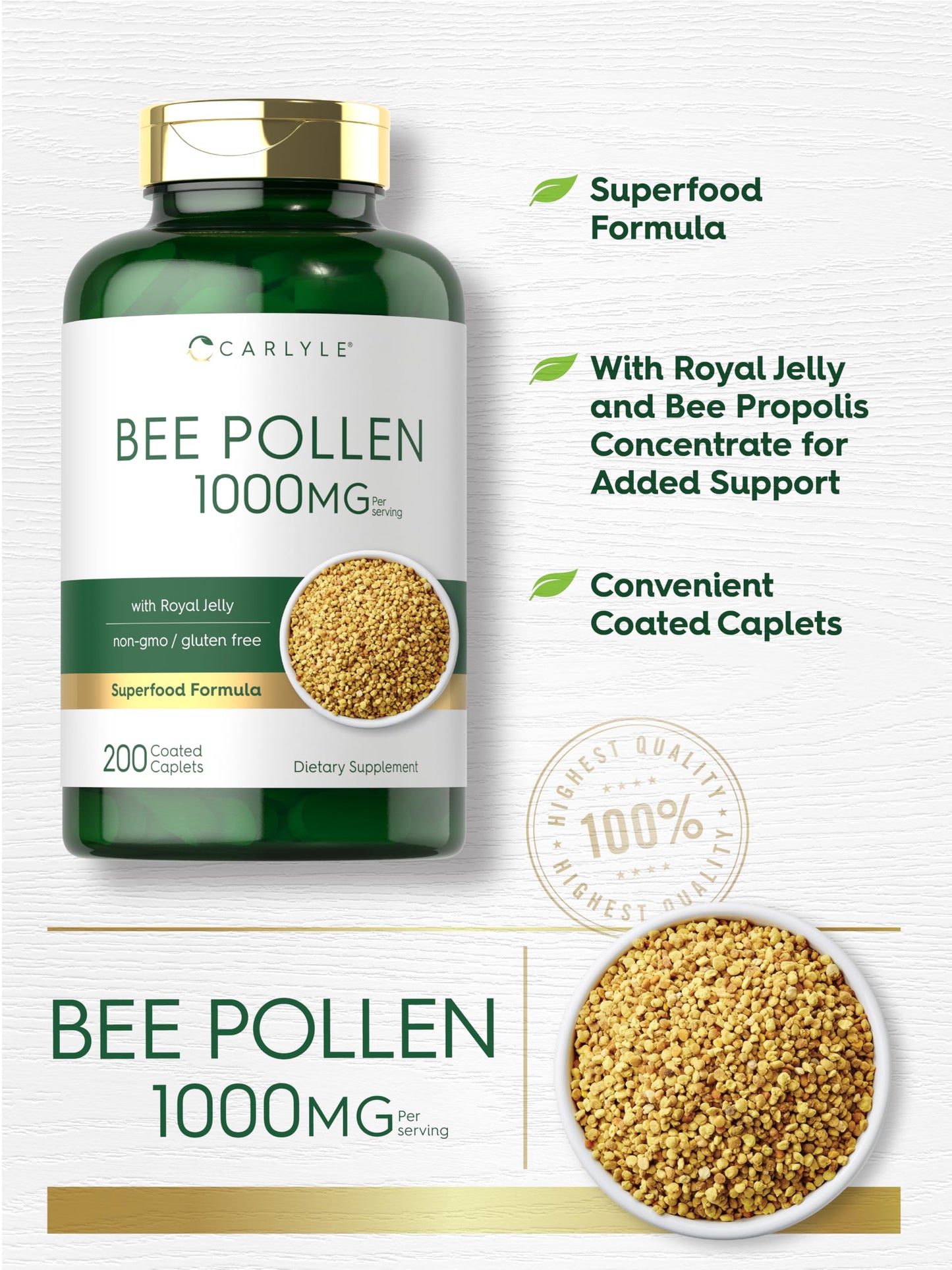 Carlyle Bee Pollen Supplement 1000mg Caplets 200
