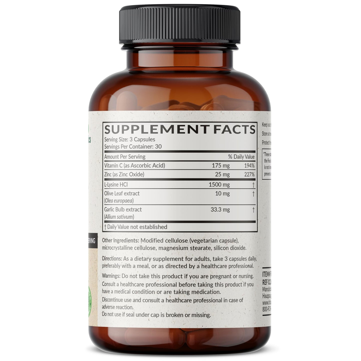 Futurebiotics L-Lysine Defense Immune Support Complex 1500 mg per Serving with Vitamin C, Zinc, Olive Leaf & Garlic Capsule, 90 Count
