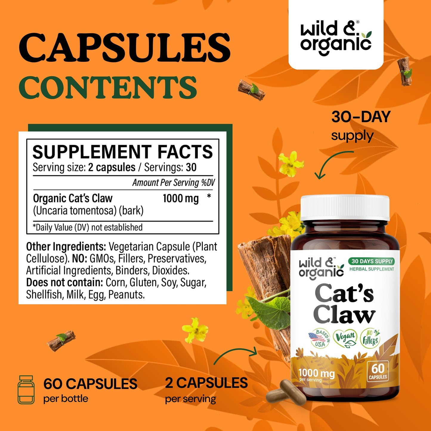 Wild & Organic Cat's Claw Herbal Supplement 1000 mg Capsules, 60 Count