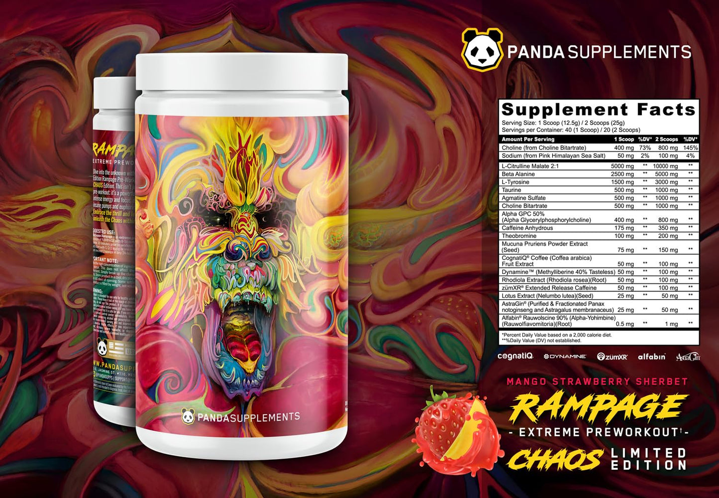 Underground Bio Labs Panda Supps Rampage Chaos Extreme Pre-Workout High Stim Maximum Pump Focus and Energy, Powder, 15.78 Ounce