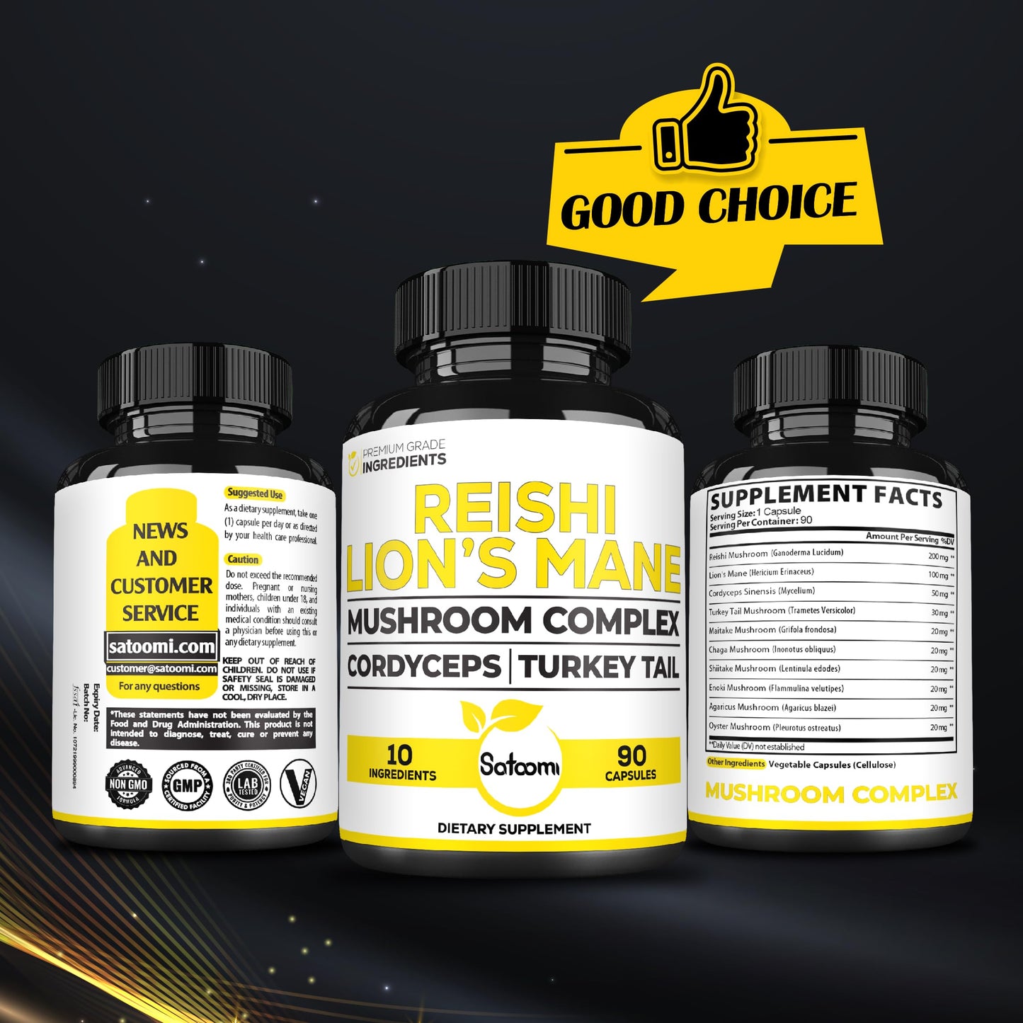 Satoomi Reishi Supplement Complex 5000mg 10-in-1 with Lions Mane, Cordyceps Sinensis, Chaga Mushroom & Others, 90 Capsules