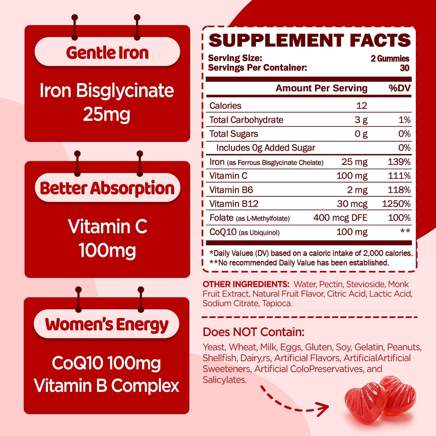 GREABBY Iron Bisglycinate with Vitamin C for Women, Ferrous Bisglycinate Gummies, 60 Count