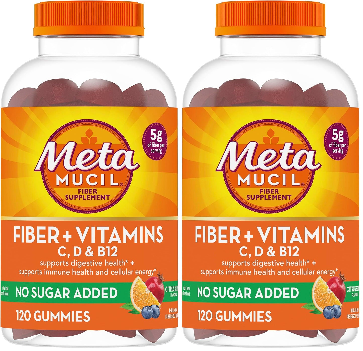 Metamucil Fiber Gummies for Adults with Vitamins C, D, B12, No Sugar Added Citrus Berry Flavor, 5g Plant Based Prebiotic Fiber Supplement Blend, 240 Gummies