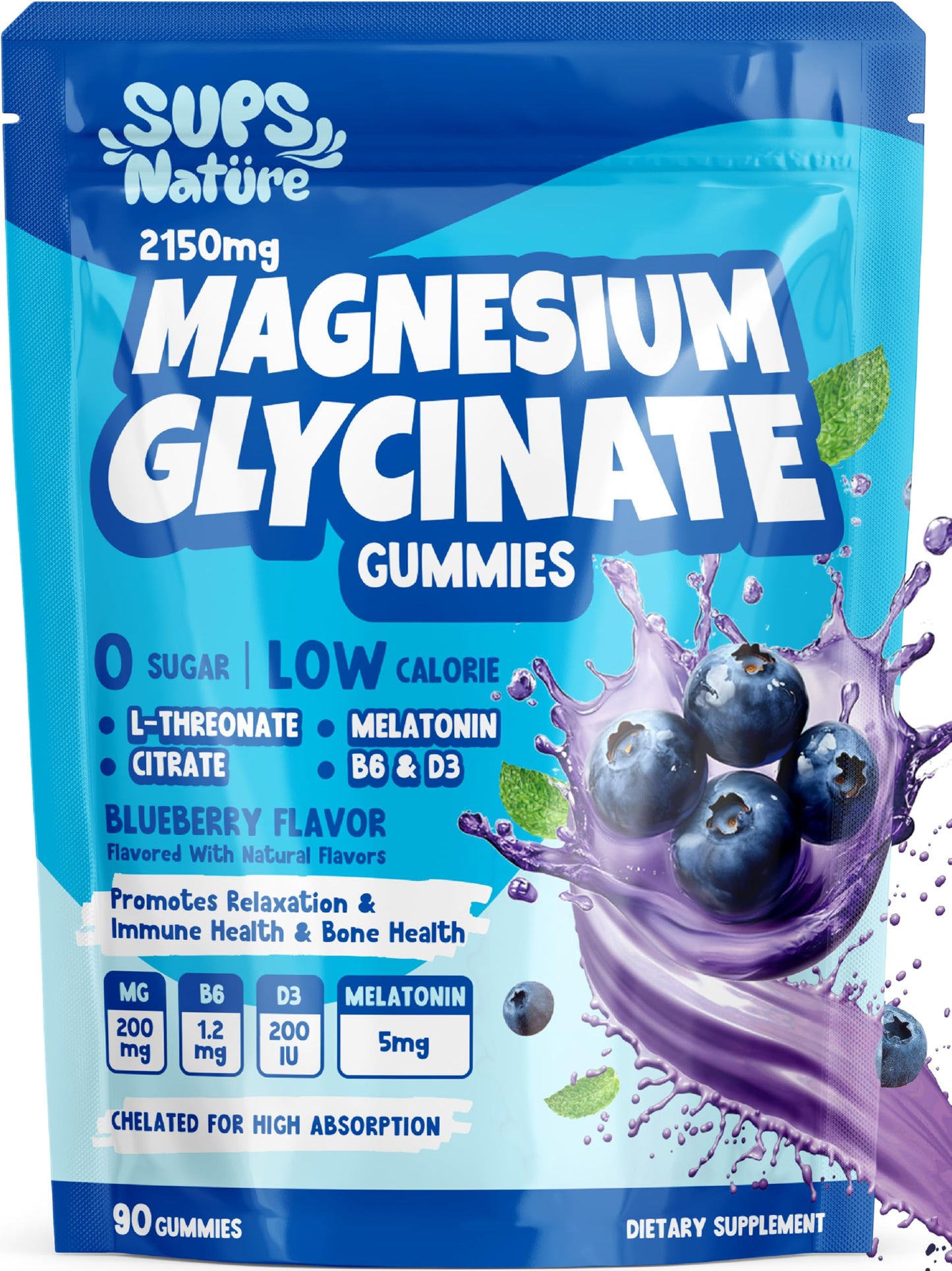 sups nature Magnesium Glycinate Gummies with Melatonin 5 mg Blueberry, 90 Count