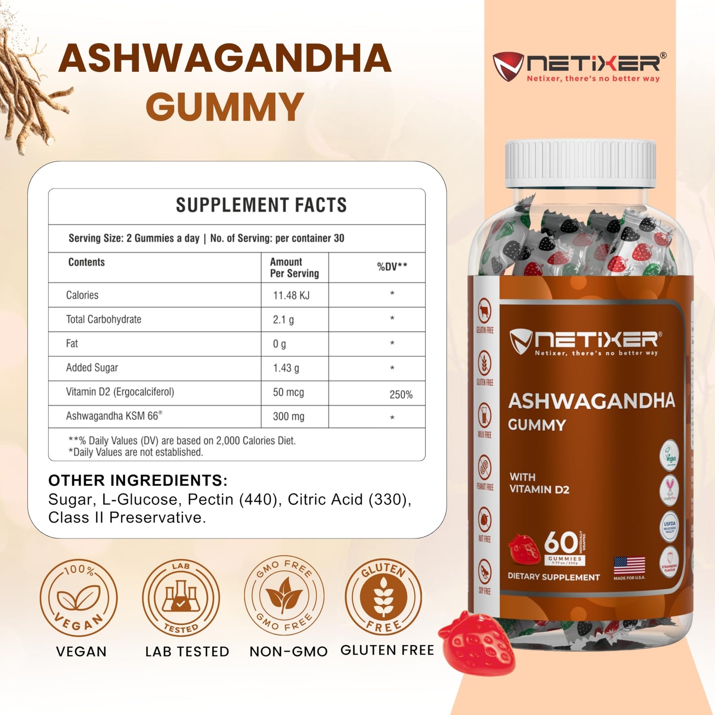 nETiXER Ashwagandha Gummies, 60 Gummies