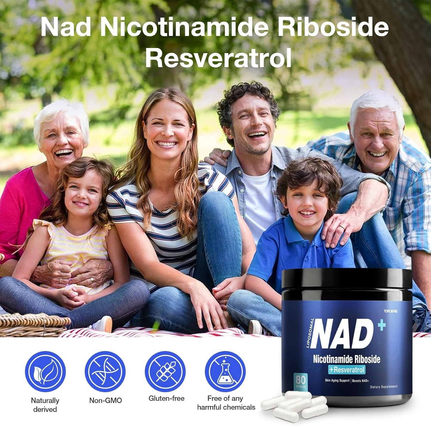 TOPCAPAK NAD+ Supplement - Nicotinamide Riboside & Resveratrol, Liposomal NAD+ 1000mg, 80 Capsules