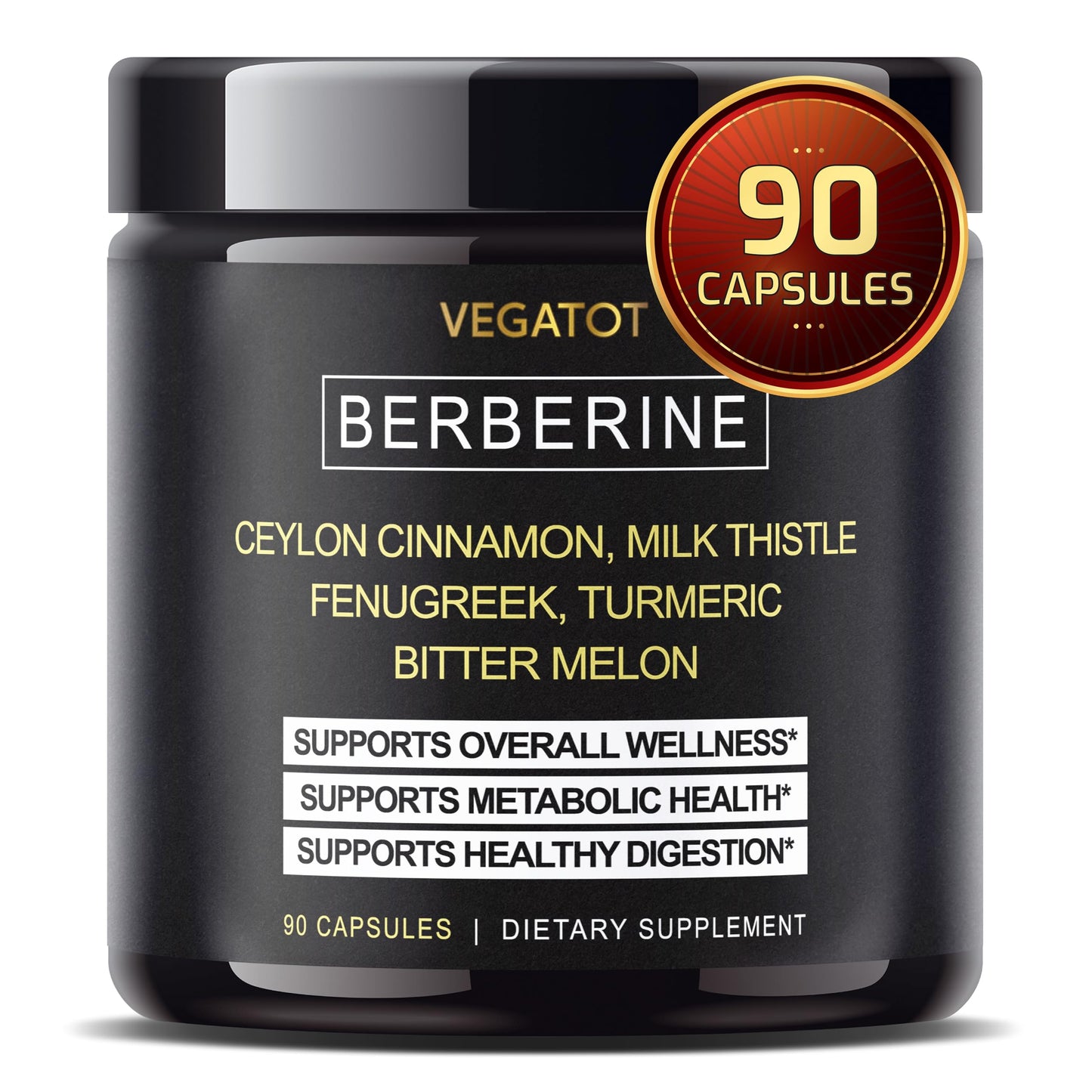 VEGATOT Berberine Supplement with Ceylon Cinnamon, Turmeric, Milk Thistle, Fenugreek Capsule, 90 Count