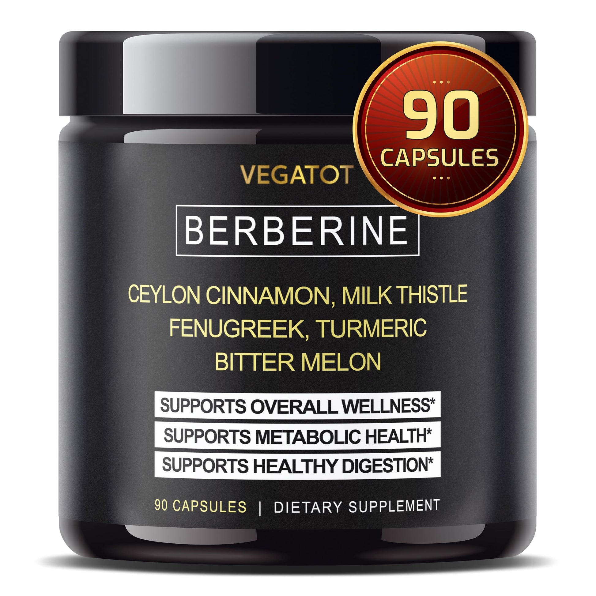 VEGATOT Berberine Supplement with Ceylon Cinnamon, Turmeric, Milk Thistle, Fenugreek Capsule, 90 Count