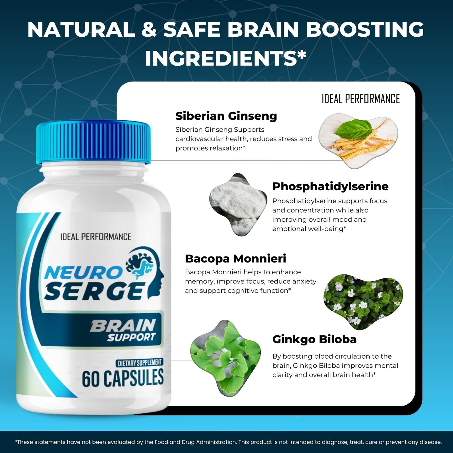 IDEAL PERFORMANCE Neuro Serge Brain Supplements for Memory and Focus Capsules, 180 Count