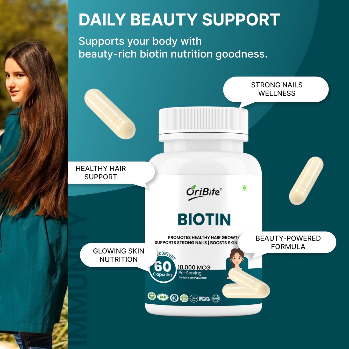 ORIBITE Biotin 10,000 mcg with Zinc & Vitamin C – Hair, Skin & Nail Support – Vegetarian, Non-GMO & Gluten-Free Supplement, 60 Capsules