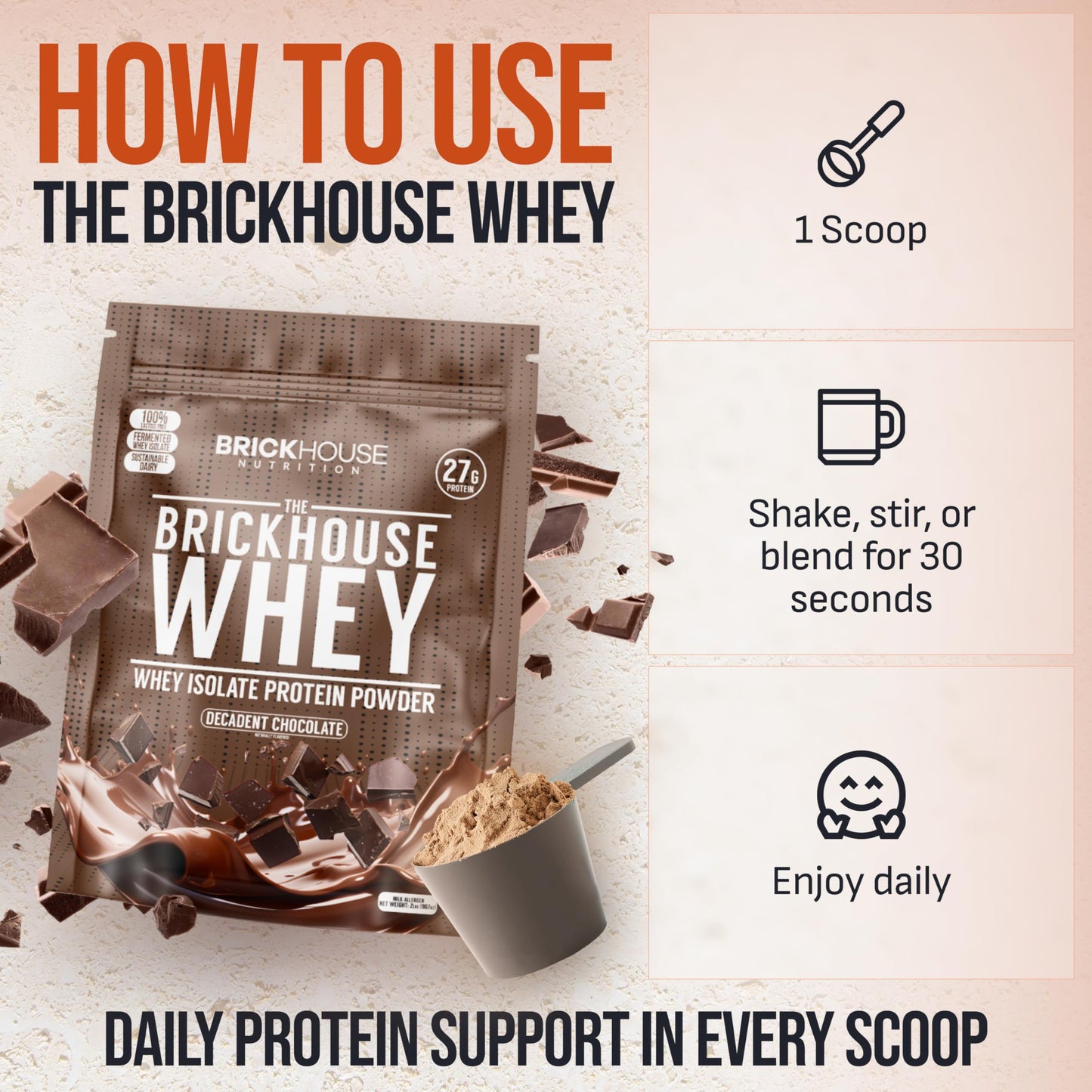Brickhouse Nutrition Whey Protein Powder, Fermented Whey Isolate, Lactose-Free Post-Workout Recovery, Chocolate, 34 Servings