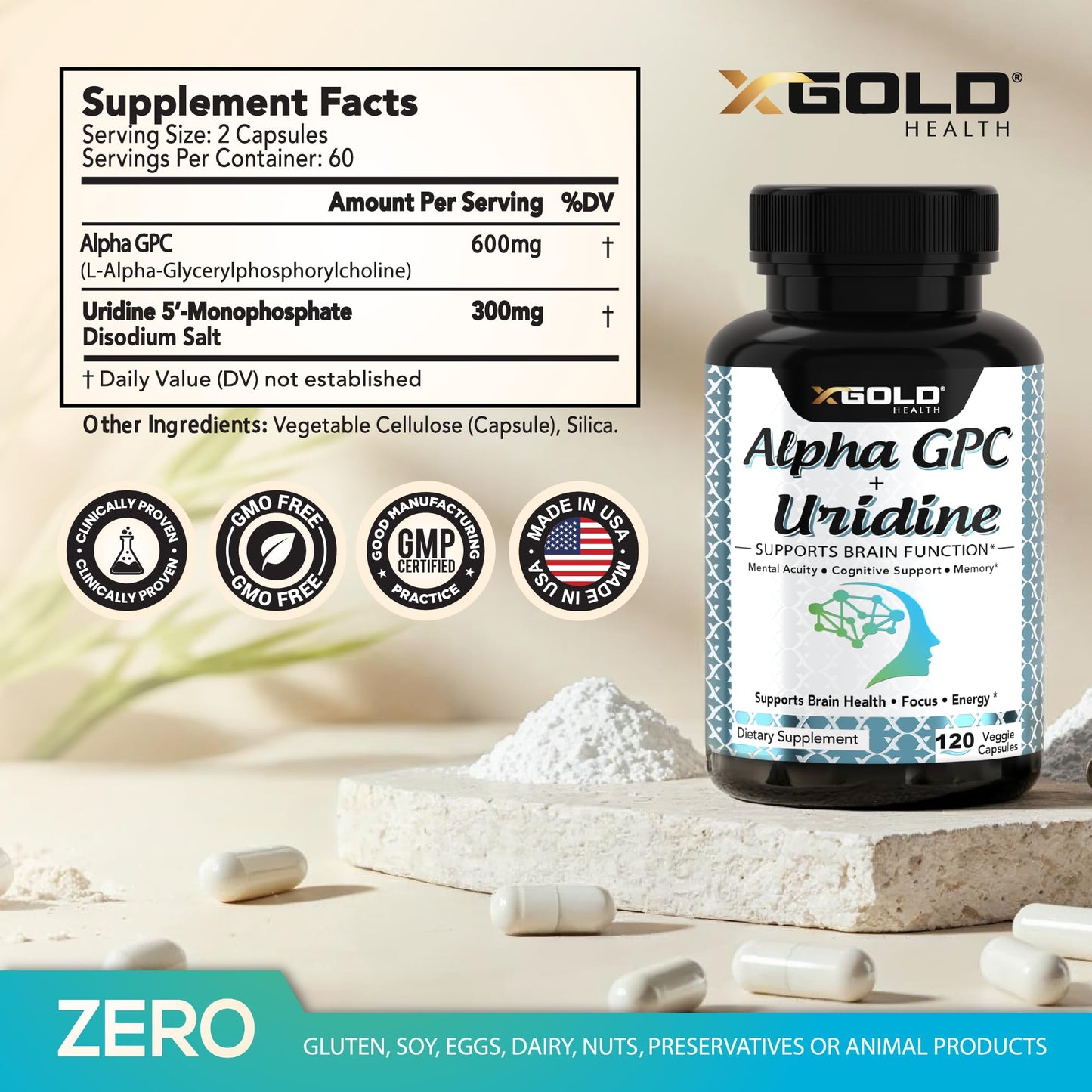 X Gold Health Alpha GPC + Uridine 900mg Powerful Nootropic Capsule, 120 Capsules