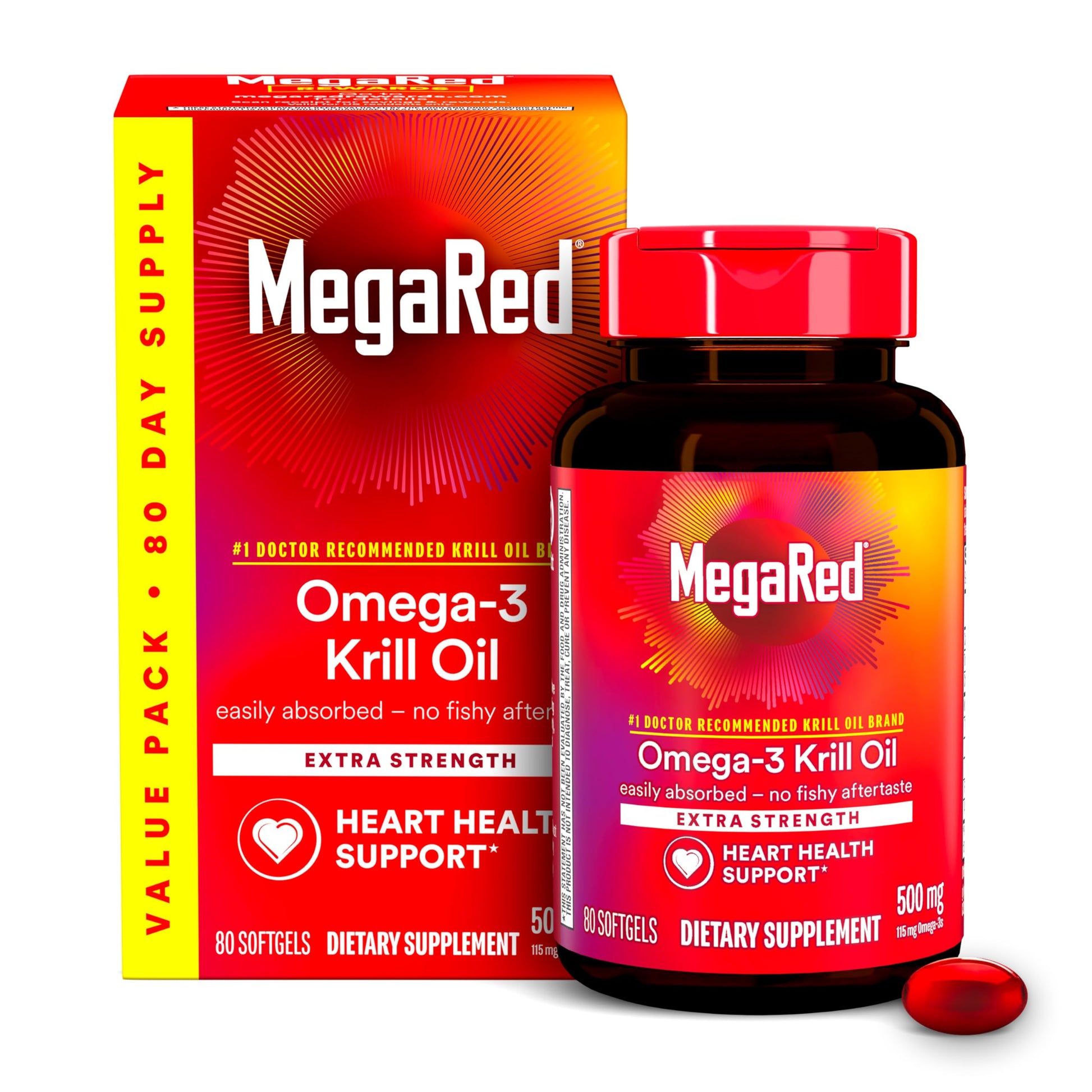 MegaRed Omega-3 Fish Oil Supplement 500mg Extra Strength Softgels 80 Count