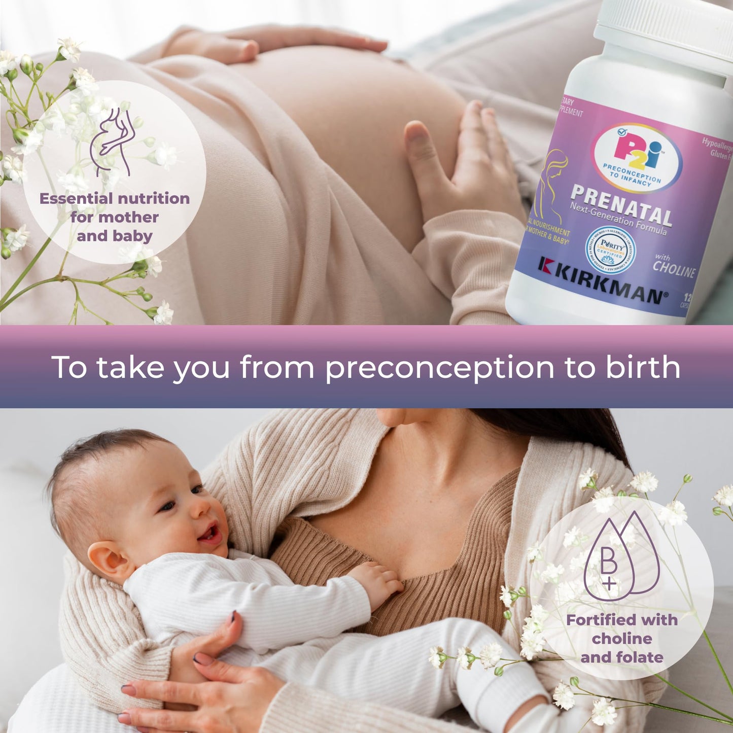 Kirkman P2i Prenatal Vitamins for Women, Multivitamin with Choline Capsules, 120 Count
