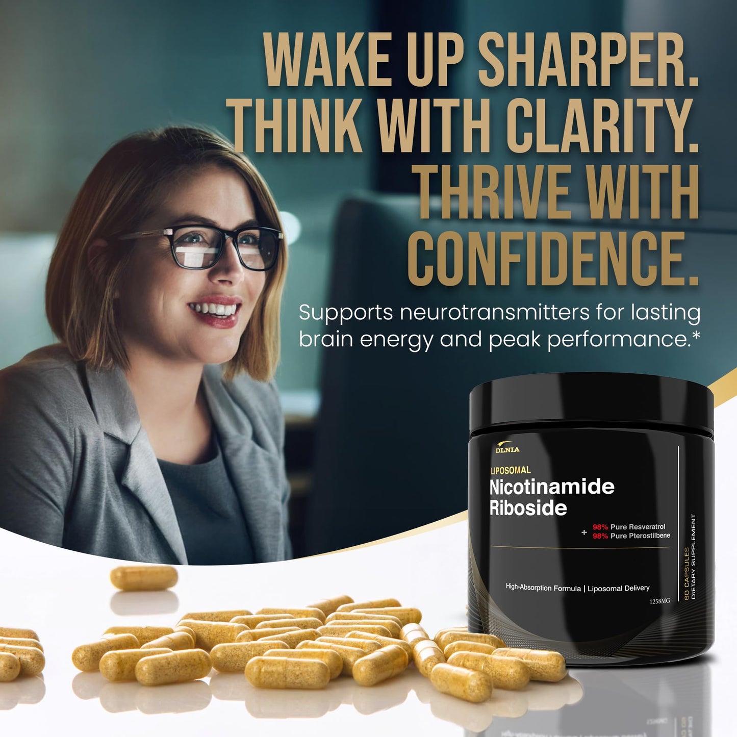 DLNIA Liposomal NAD+ Supplement & NMN Alternative | Nicotinamide Riboside (NR) 1258 mg with Resveratrol, Quercetin, Pterostilbene & CoQ10-12-Nutrient High-Absorption Cellular Energy & Healthy Aging Capsule, 60 Count