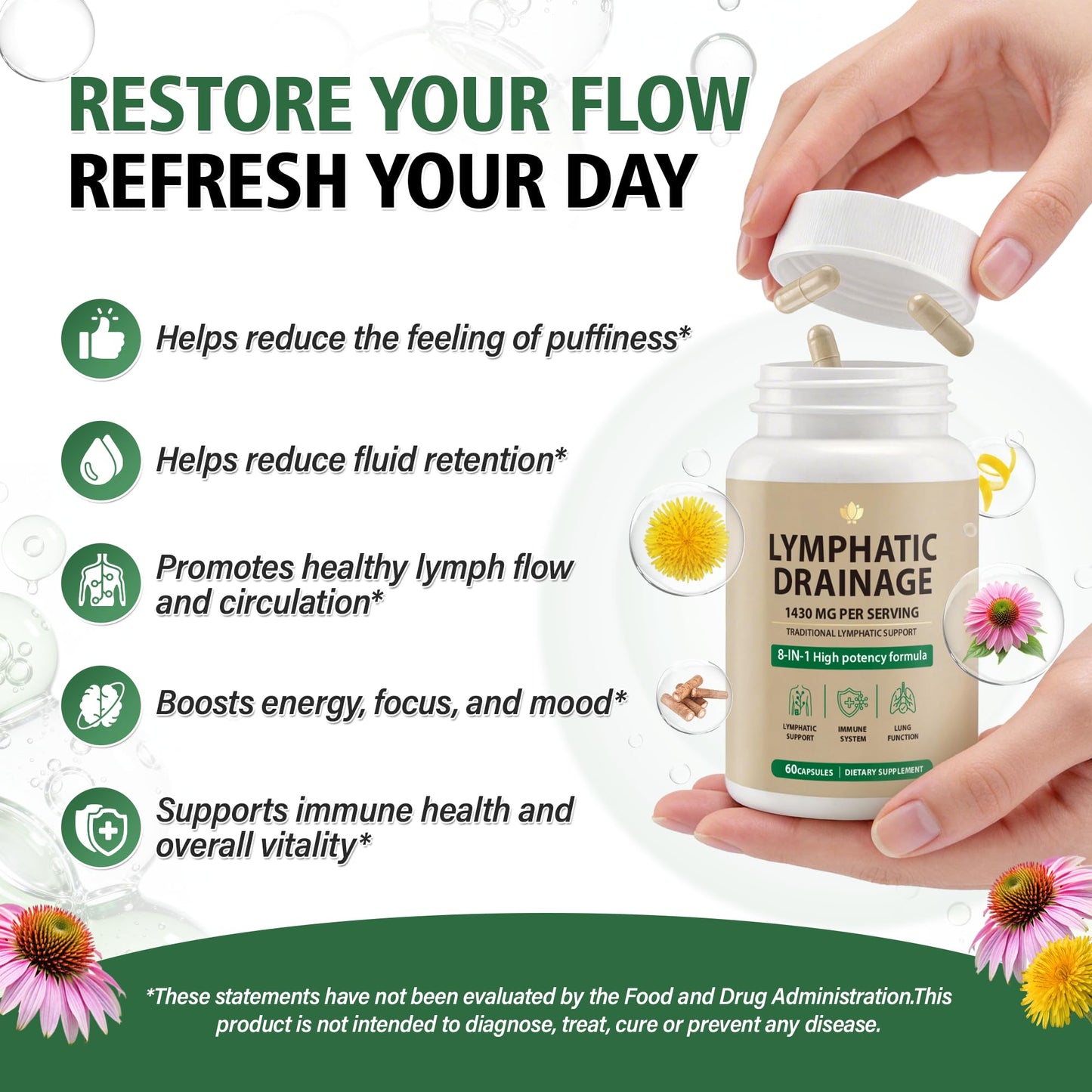 Pikeda Lymphatic Drainage Supplement – Natural Herbal Support for Bloating, Immune Health, Daily Fluid Balance & Lymphatic Wellness, with Echinacea, Dandelion & Burdock Capsules, 60 Count