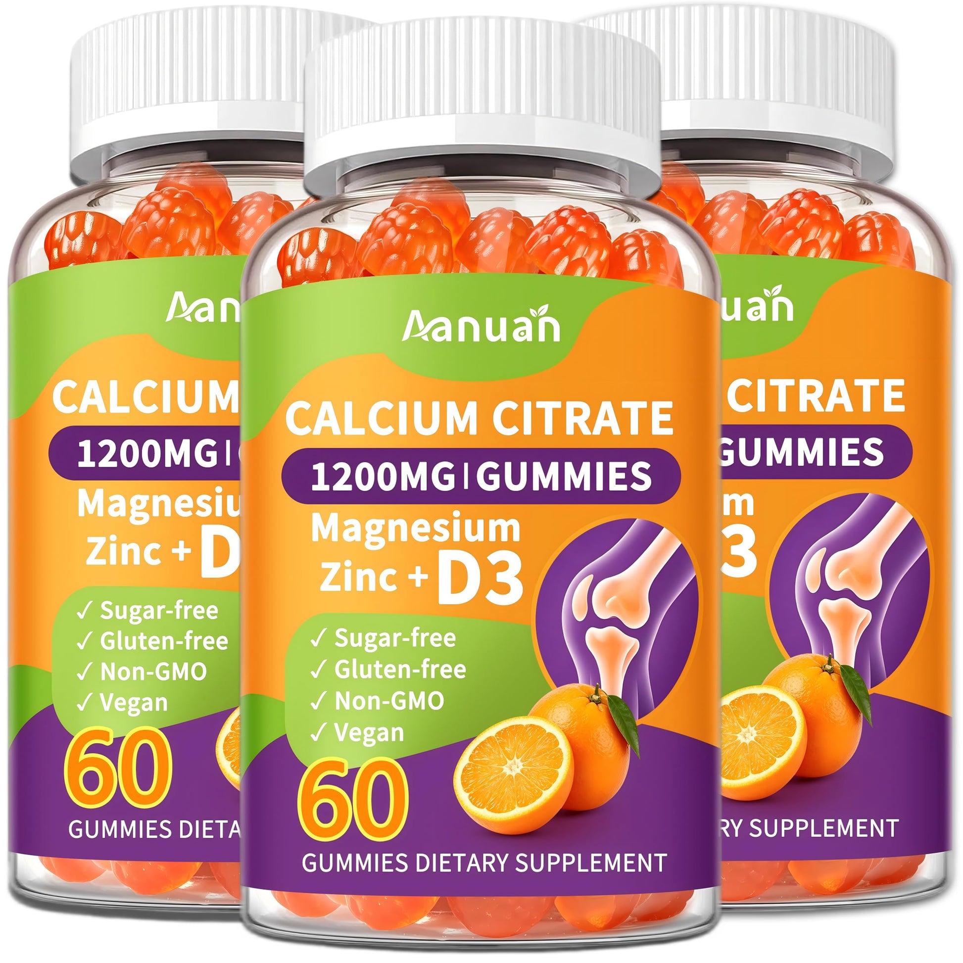 Aanuan Calcium Citrate 600-1200mg Magnesium Zinc D3 Gummies, 180 Count