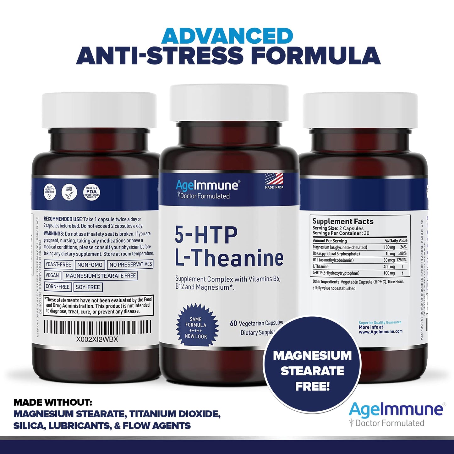AgeImmune 5-HTP 100mg with L-Theanine 400 mg Capsules, 120 Count