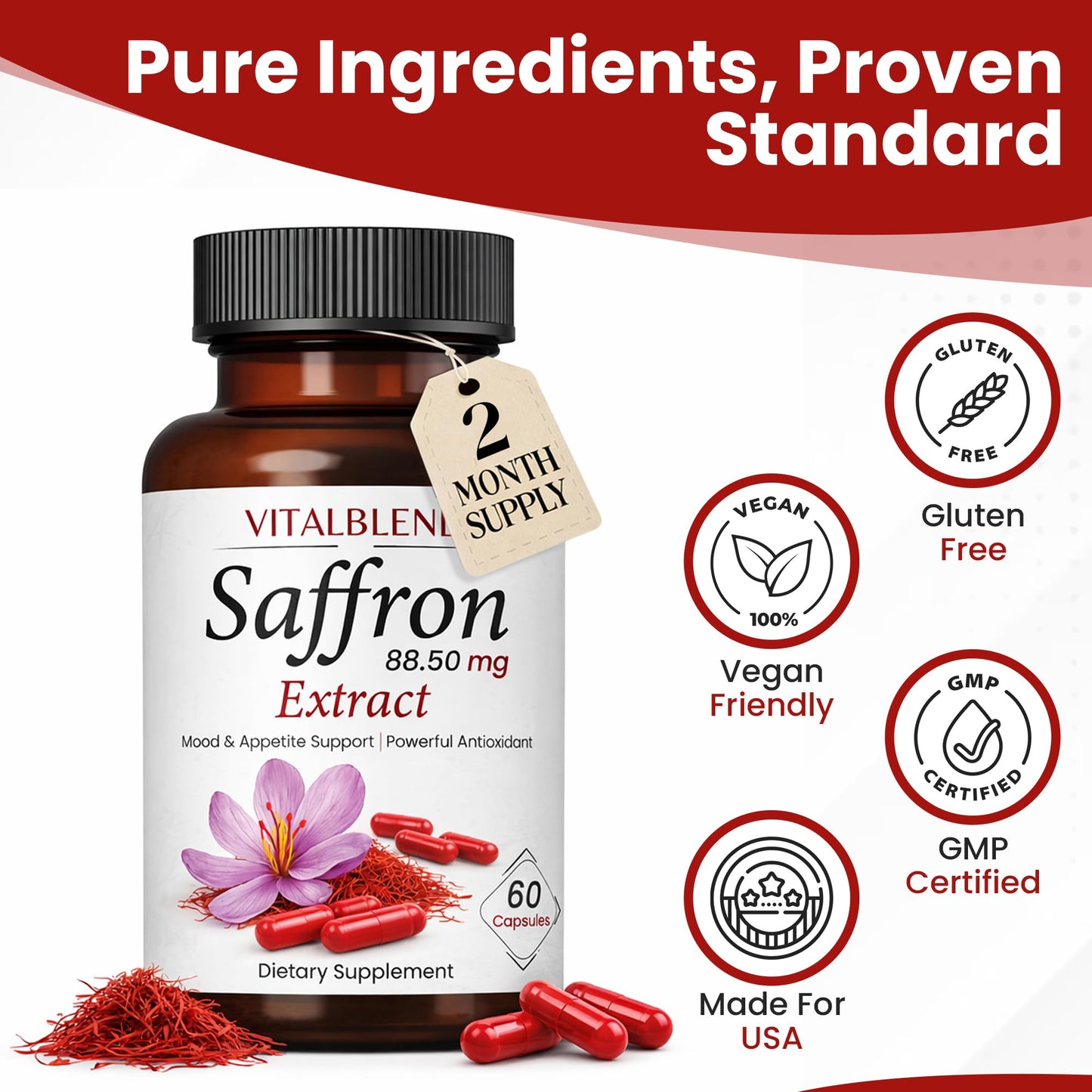 Vitalblend Saffron Extract 88.5mg Capsules, 60 Capsules