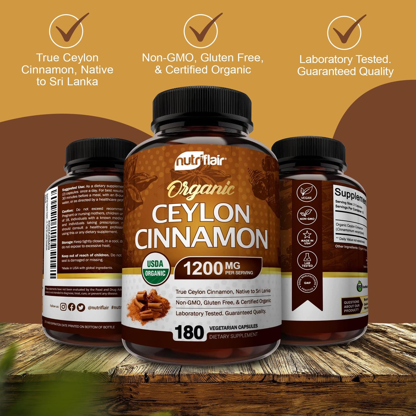 NutriFlair Organic Ceylon Cinnamon Capsules 180 Count