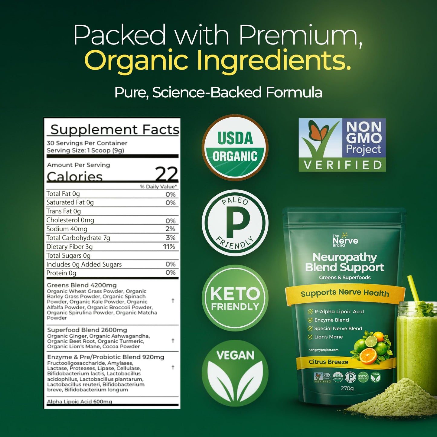 The Nerve Brand Neuropathy Superfood Blend Greens Powder with R Alpha Lipoic Acid & Lions Mane for Nerve Support, Citrus Breeze, 9.5 oz