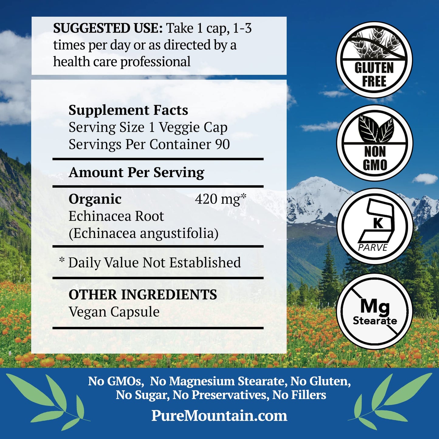 Pure Mountain Botanicals Echinacea Angustifolia Root 420mg Capsules, 90 Count
