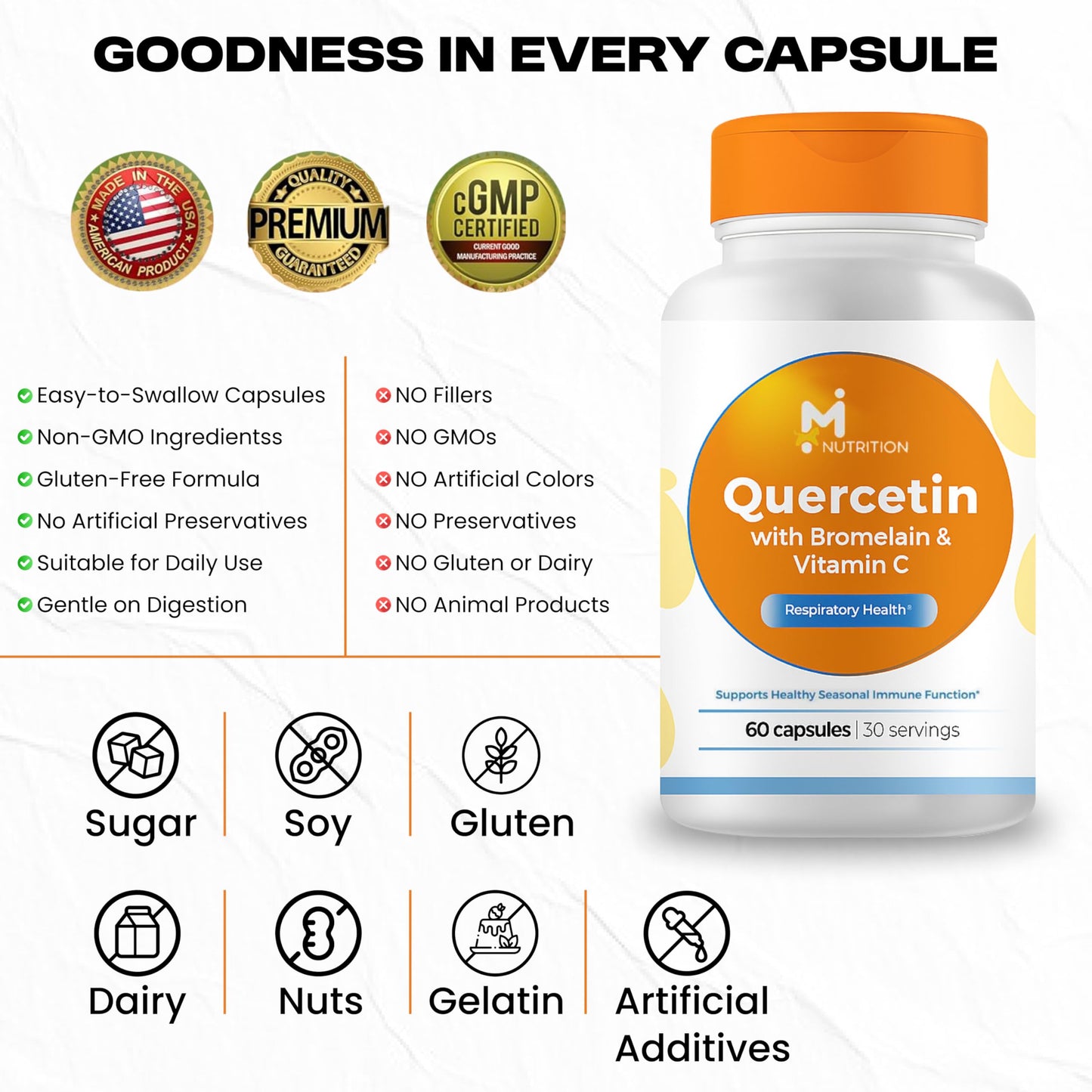 M NUTRITION Quercetin with Bromelain & Vitamin C 630mg Capsule, 60 Count