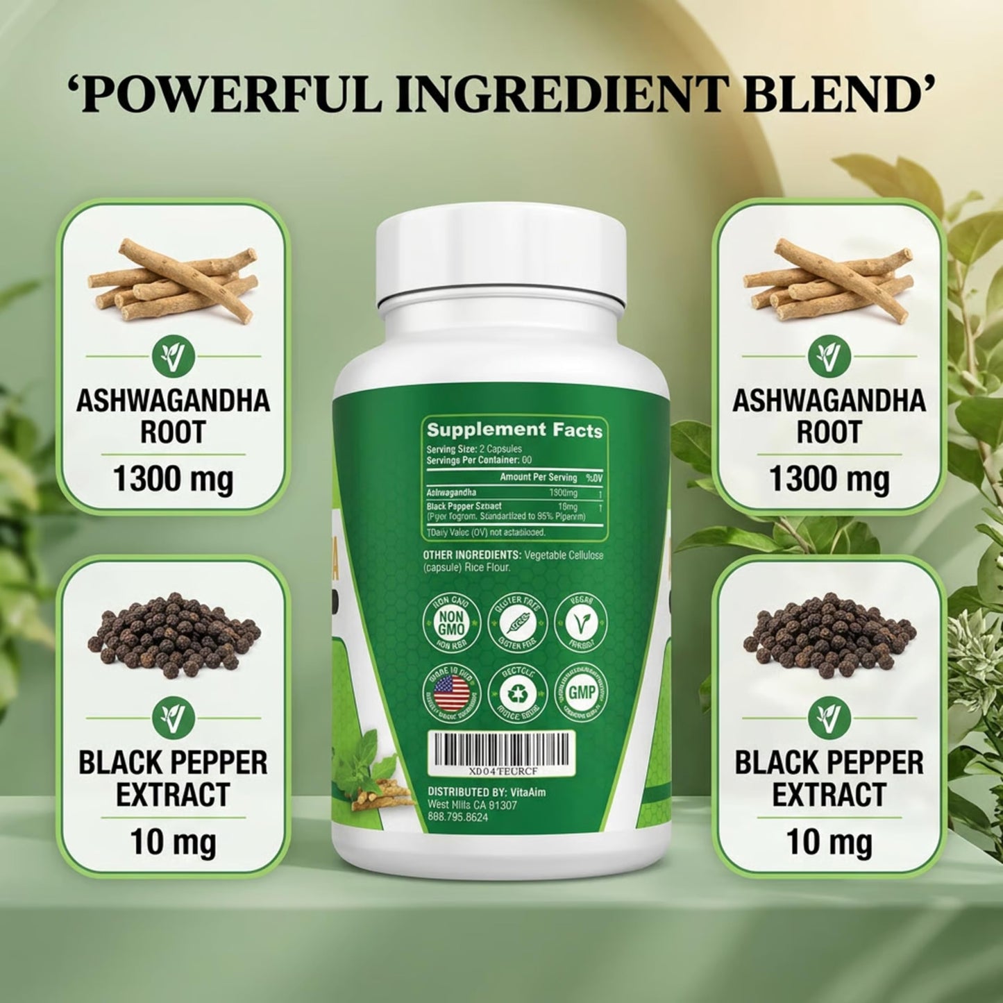 VitaAim Ashwagandha Supplement with Black Pepper 1300mg Capsule, 1 Count