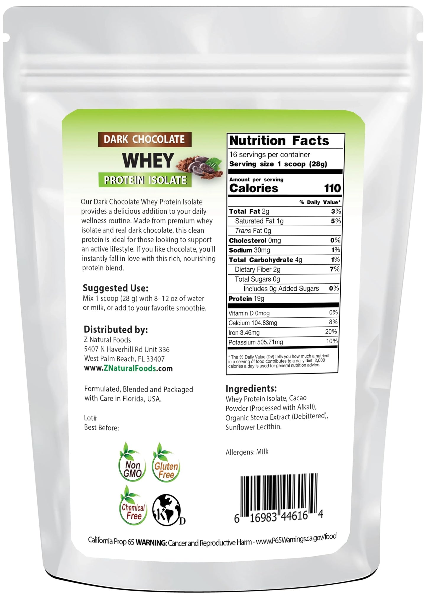Z Natural Foods Whey Protein Isolate Powder - Grass-Fed, No Sugar - Dark Choco, 1 lb, 16 Servings