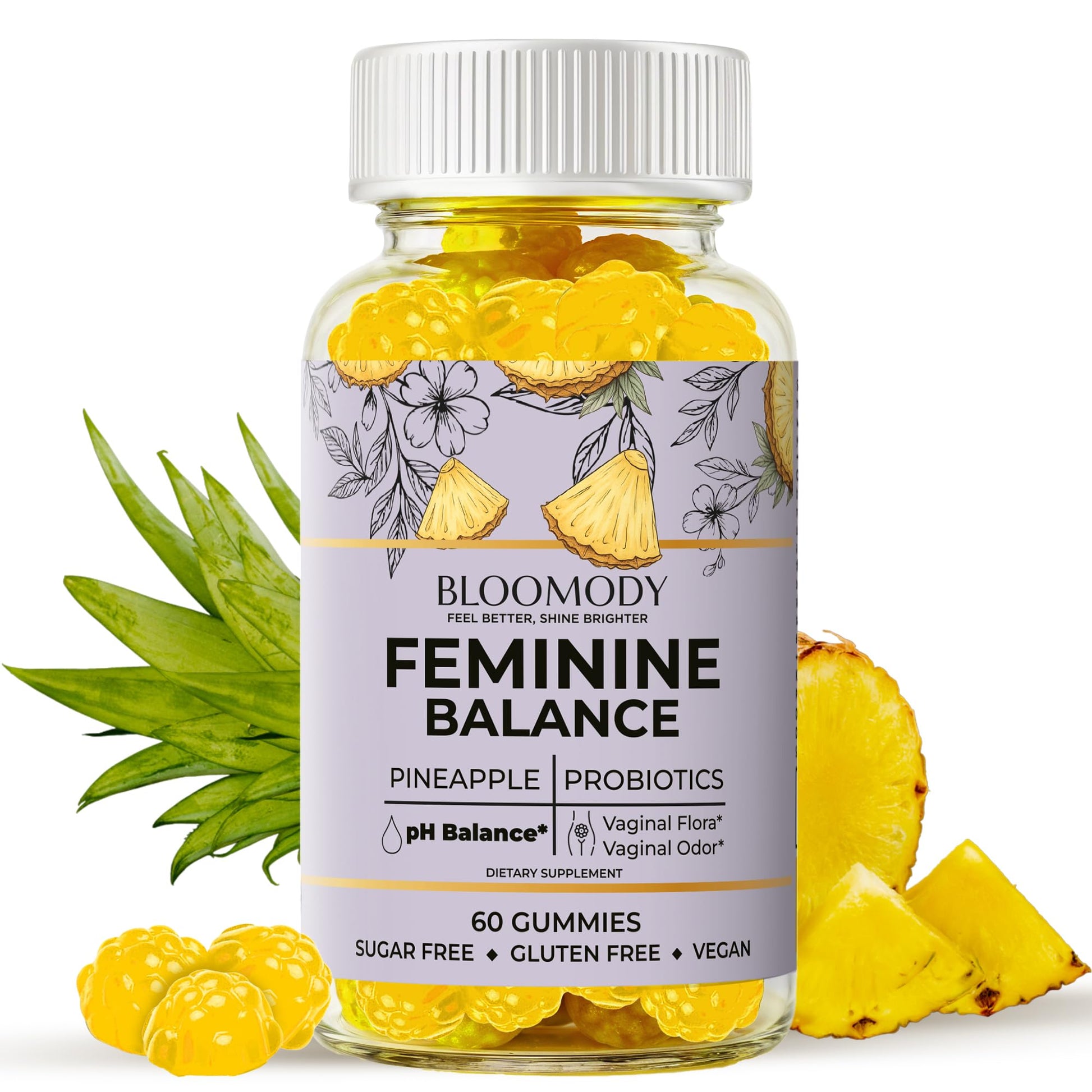 Bloomody Probiotic Feminine Balance Gummies for Women - pH Balance & Vaginal Health Support with Cranberry Vitamin C, Natural Pineapple Flavor, 60 Gummies