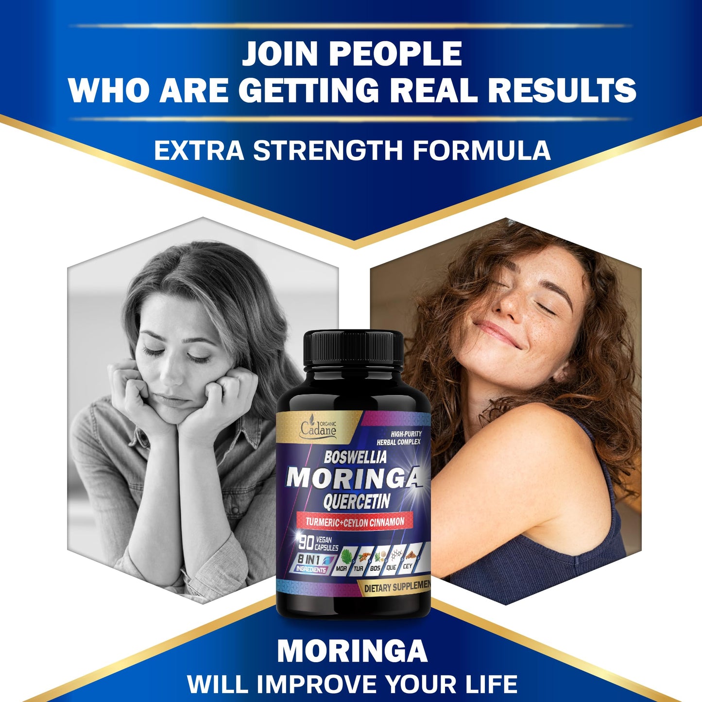 Organic Cadane Moringa Leaf with Turmeric, Boswellia, Quercetin, Ceylon Cinnamon, Holy Basil, Ginger, and Black Pepper 90 Capsules