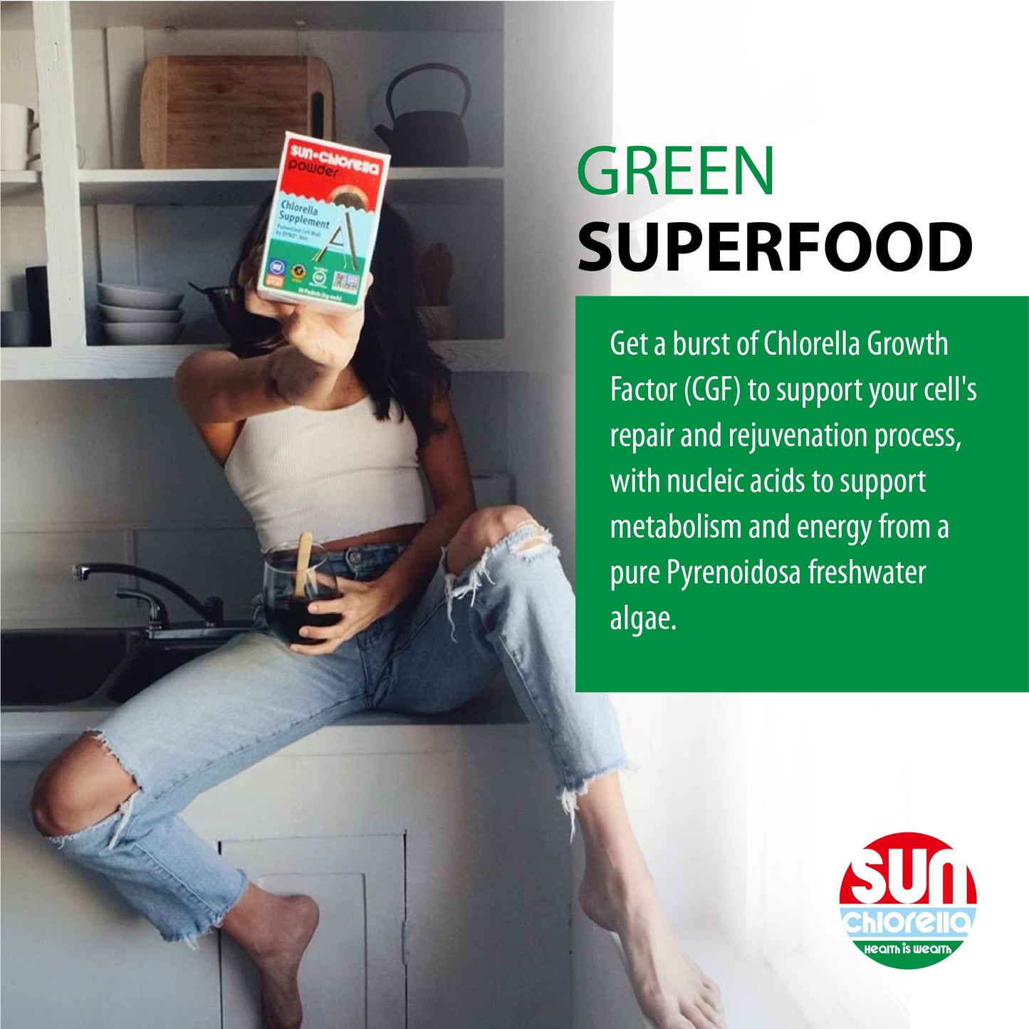 Sun Chlorella Powder Green Algae Superfood Supplement, 2-Pack