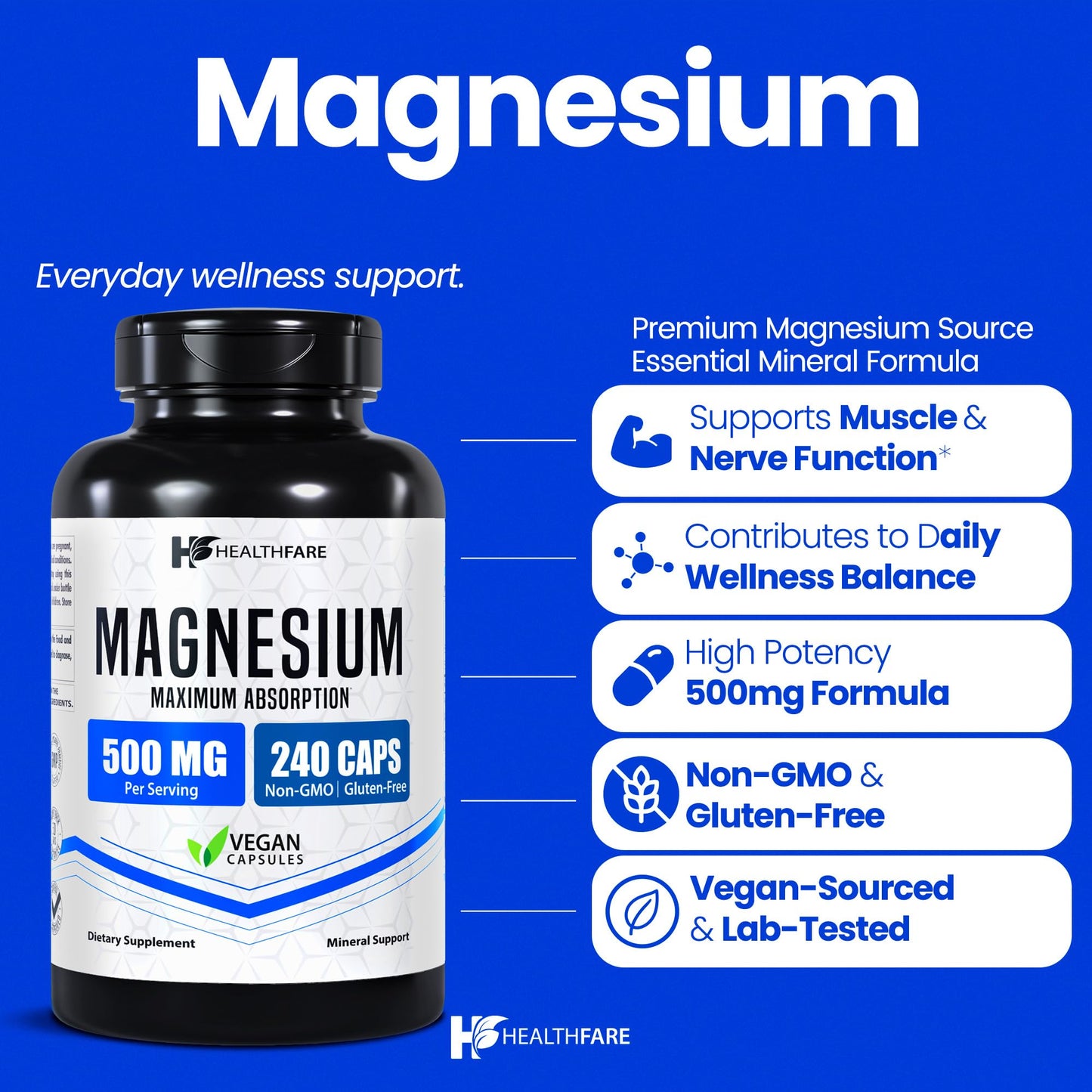 Healthfare Magnesium 500mg Capsules 240 Count