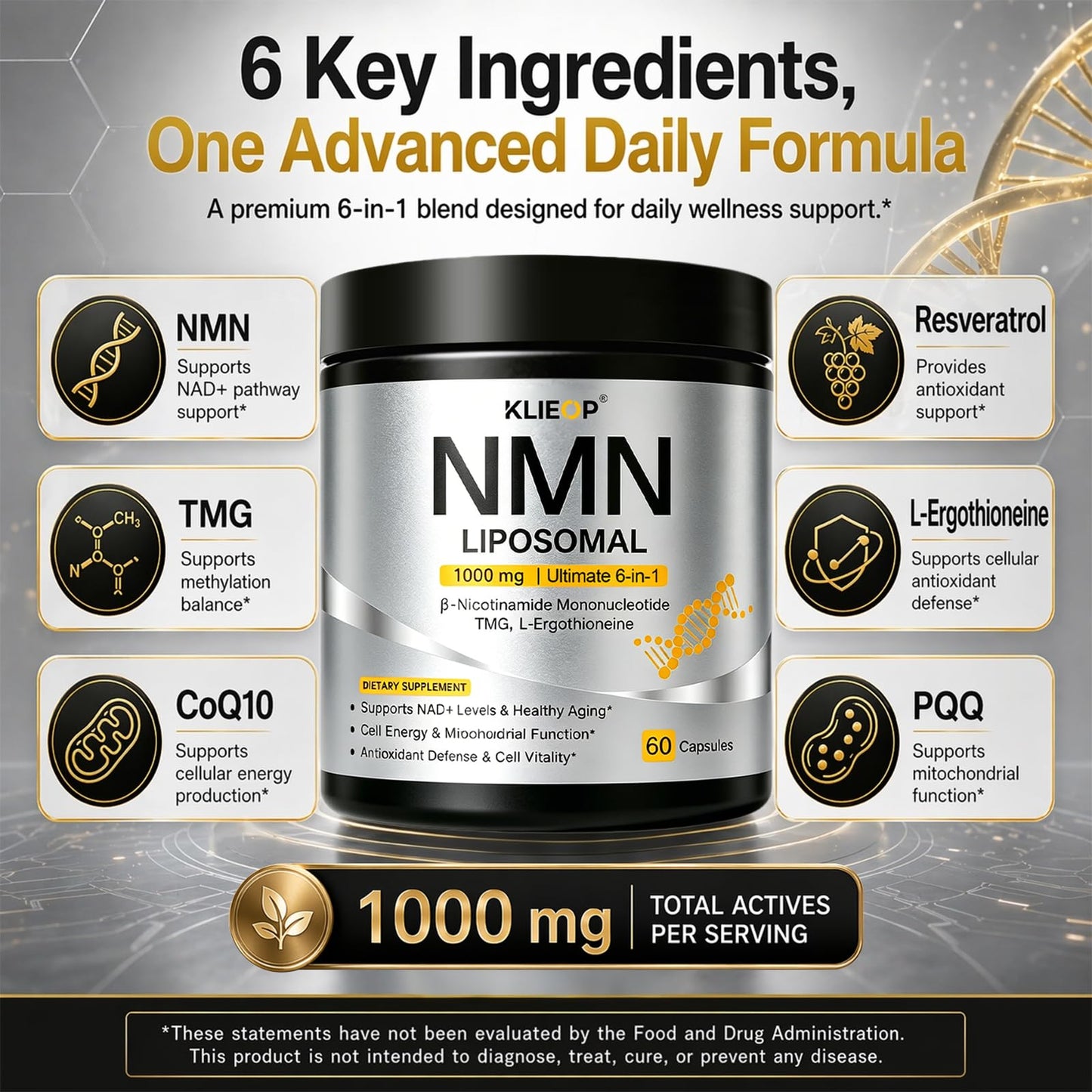 klieop NMN Supplement 1000mg with CoQ10, Resveratrol & PQQ 6-in-1 Liposomal NAD+ Booster for Cellular Energy & Vitality, 60 Capsules