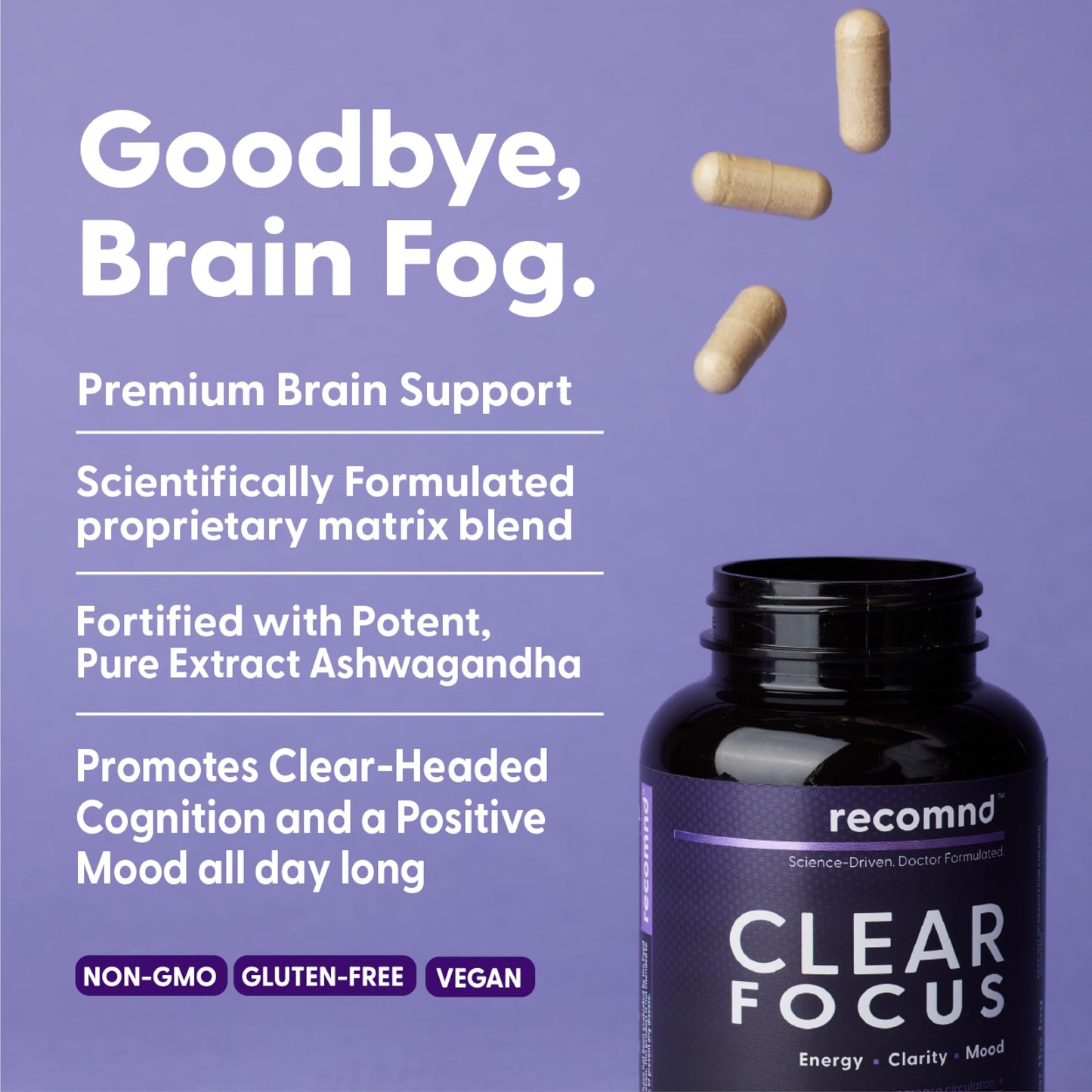 recomnd Clear Focus Brain Supplements for Memory and Focus Support with Ashwaghanda, Lions Mane, Ginkgo Biloba, 120 Capsules