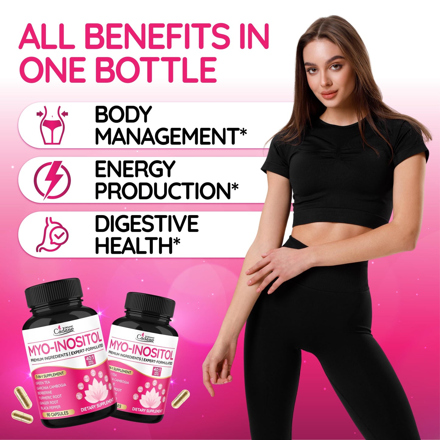 Organic Cadane Myo Inositol & Green Tea Capsules with Garcinia Cambogia, Berberine, Turmeric, Ginger, and Black Pepper, Vegan, Non-GMO, 90 Capsules