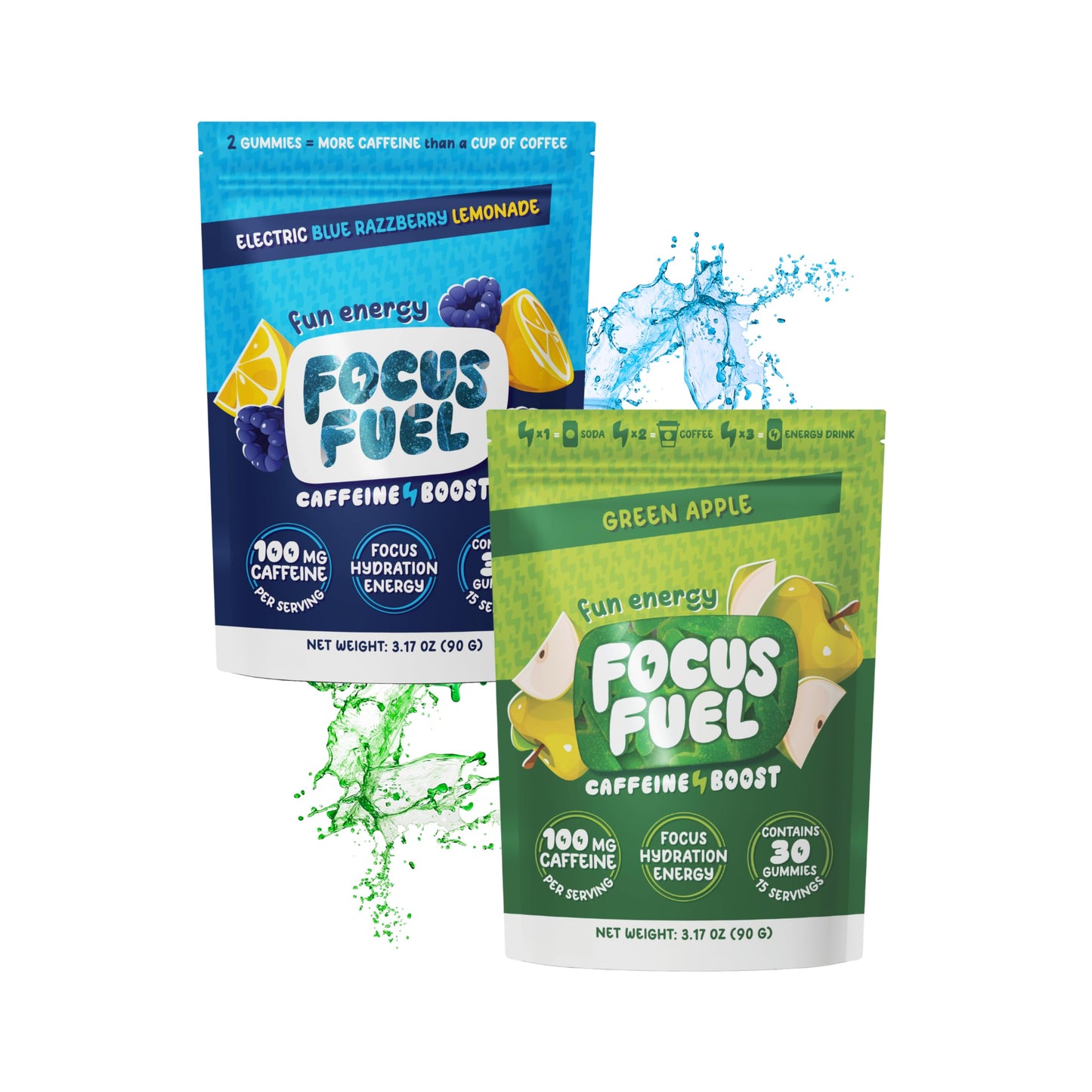 FocusFuel Energy Chews Variety Pack – Blue Razzberry Lemonade & Green Apple Flavors, 60 Chews