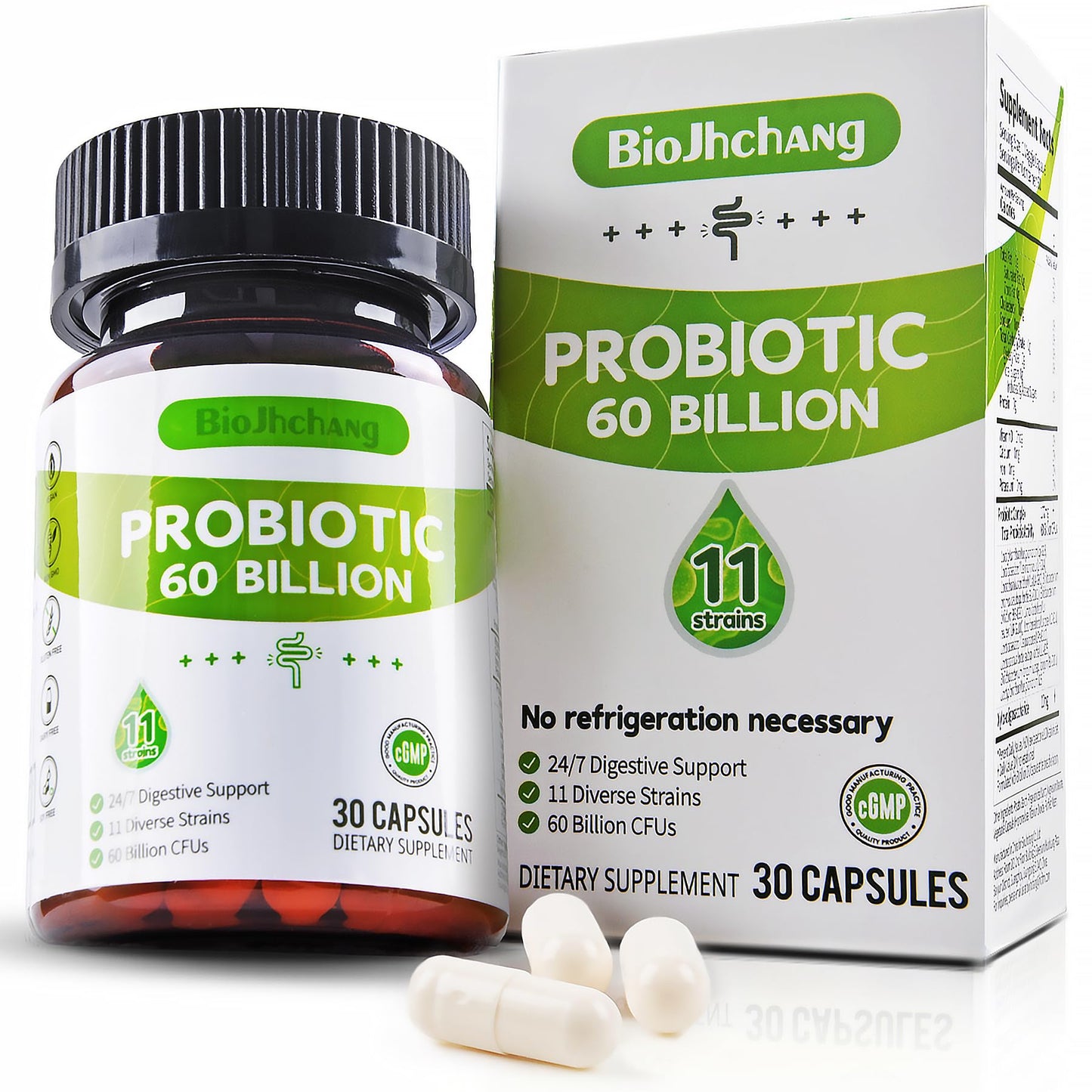 BioJhchang Probiotics 60 Billion CFU, 11 Diverse Strains Probiotic Prebiotic Capsules 30 Count