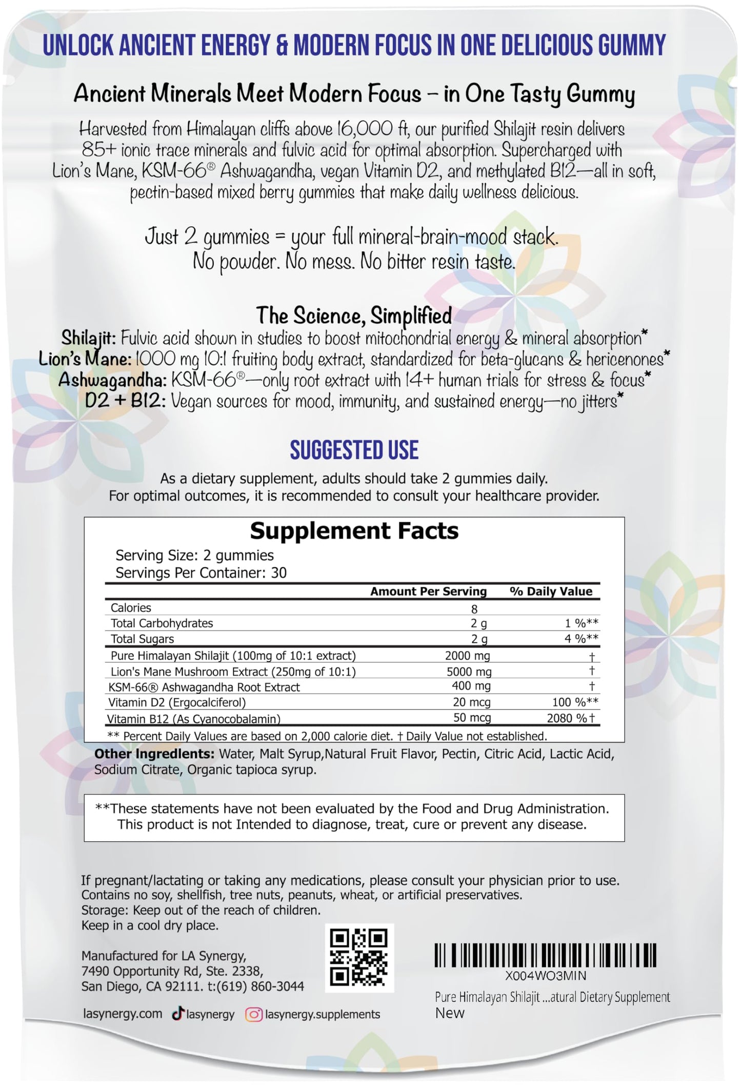LA Synergy Himalayan Shilajit Gummies with Lion's Mane Mushroom, Ashwagandha, Vitamin D2 & B12 – Natural Dietary Supplement, 60 Count