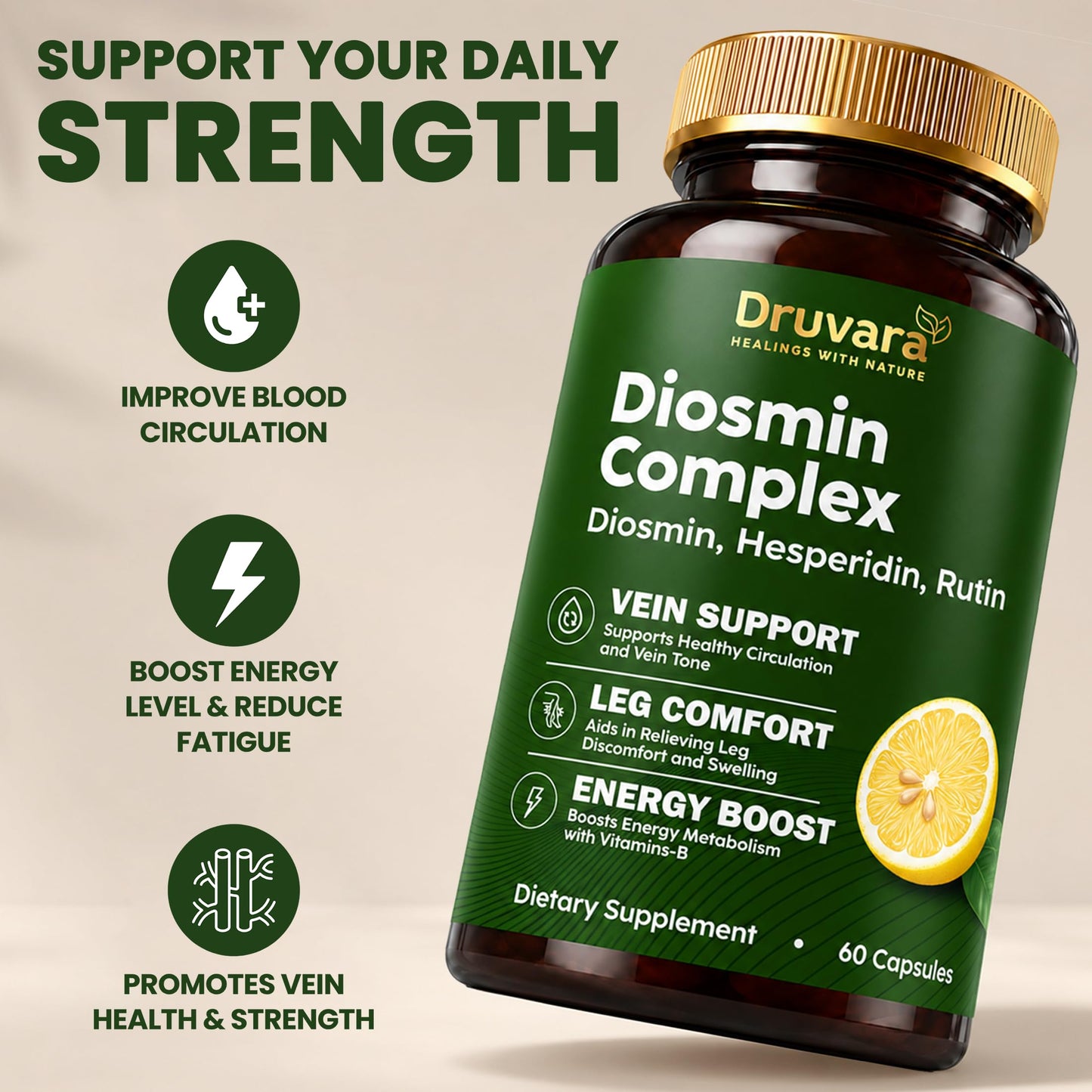 Druvara Diosmin Hesperidin with Rutin & B Vitamins Vein Support Capsule, 60 Count