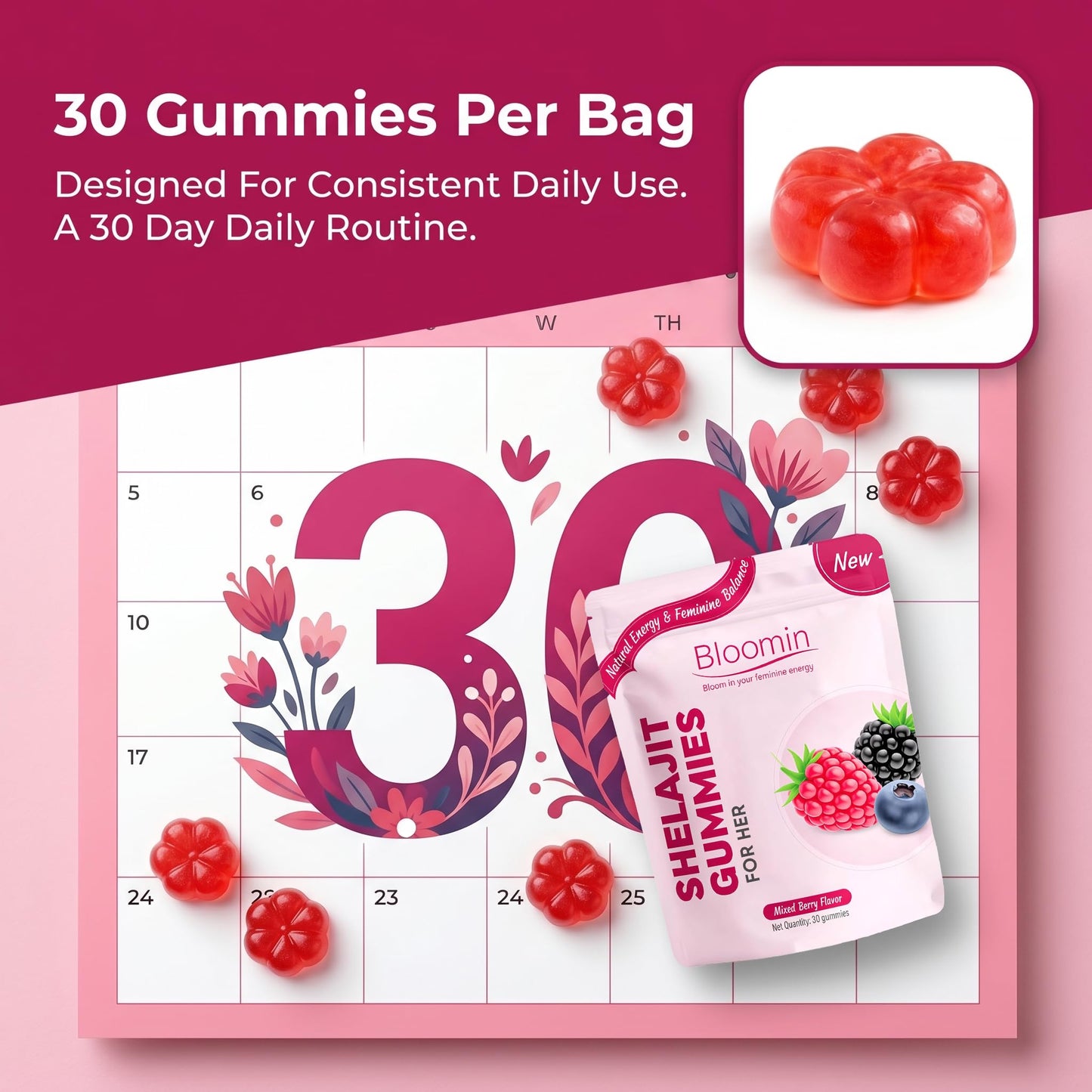 KBKTWOLT Bloomin Shilajit Gummies for Women, 30 Count