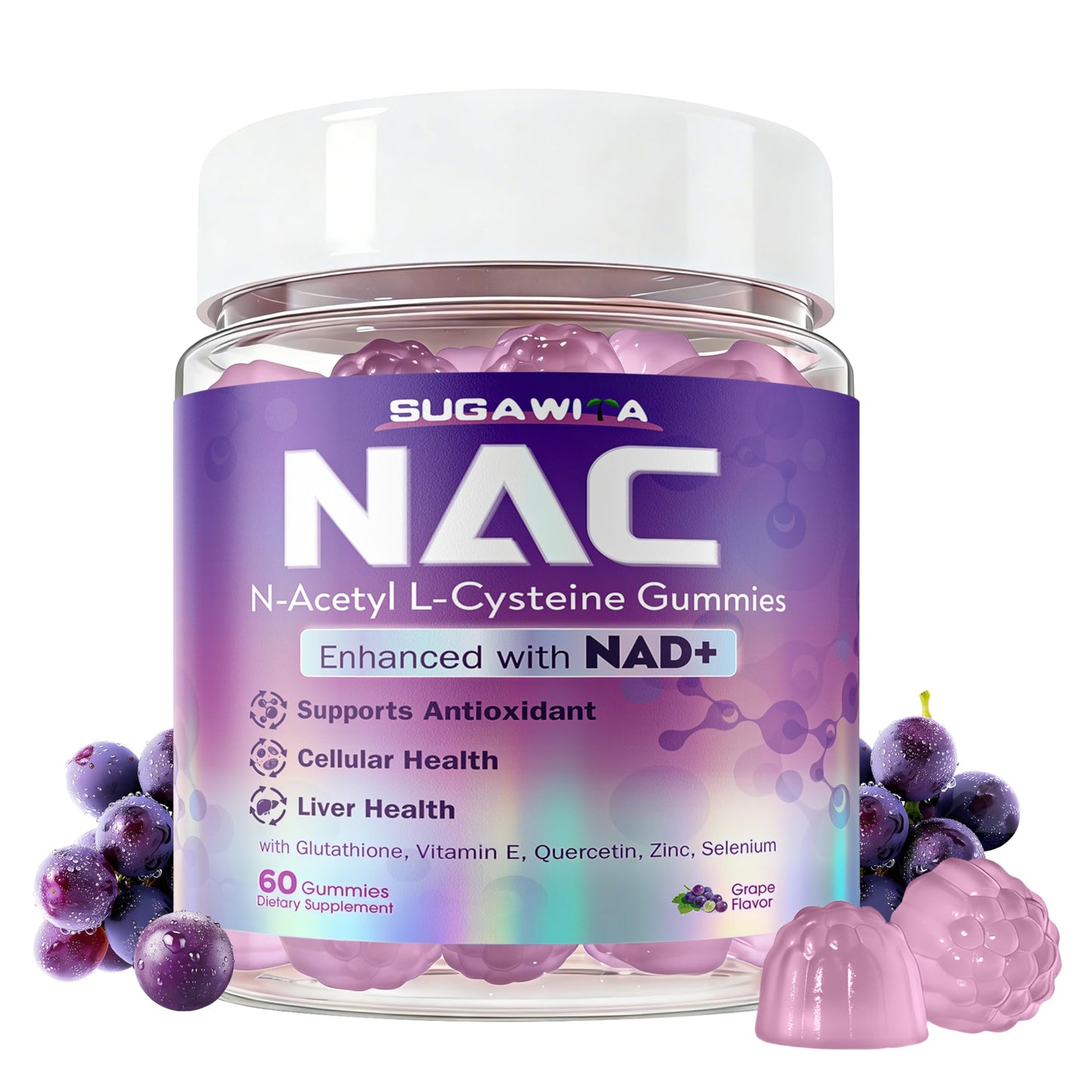 Sugawita NAC Supplement 1000mg NAD+ Gummies, Vegan, Sugar-Free, 60 Count