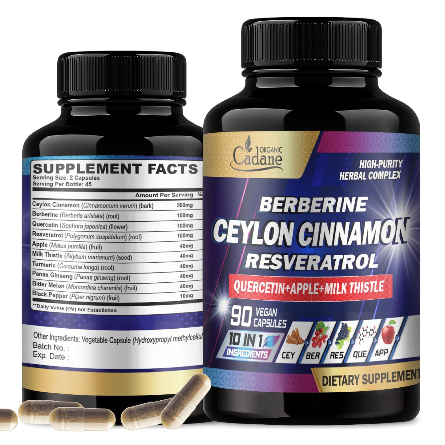 Organic Cadane Ceylon Cinnamon Berberine Quercetin Supplement Capsule 90 Count