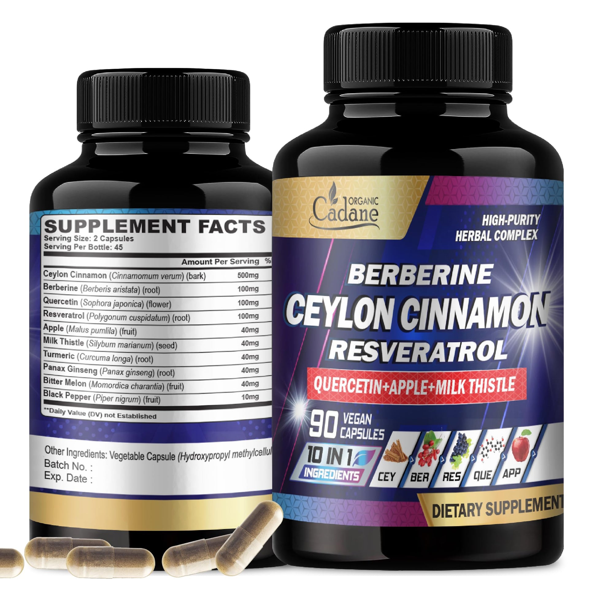 Organic Cadane Ceylon Cinnamon Berberine Quercetin Supplement Capsule 90 Count