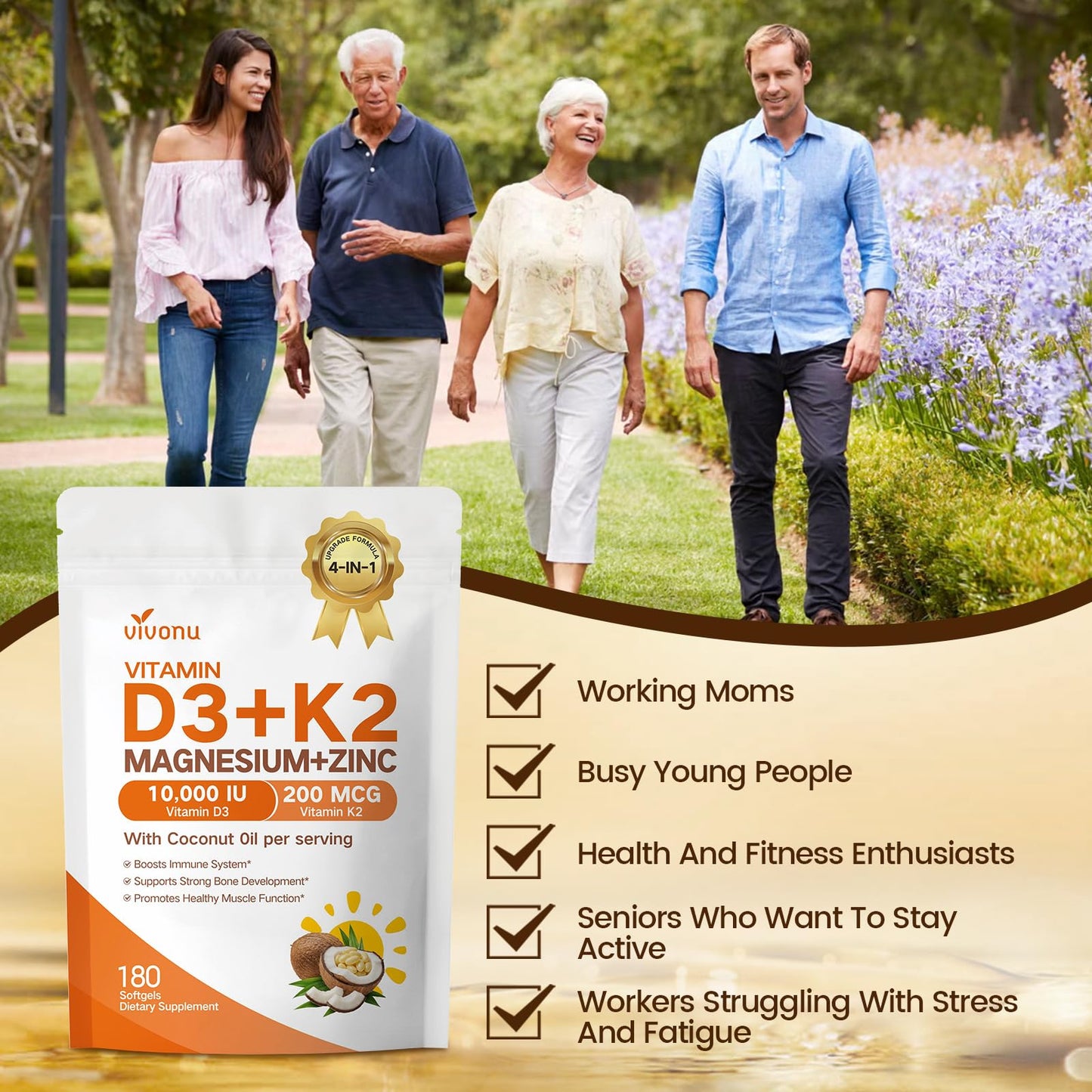 VivoNu Vitamin D3 K2 10,000 IU Magnesium Supplement – 4-in-1 with Vitamin D and K (MK-7), Magnesium Glycinate & Zinc Citrate 180 Capsules