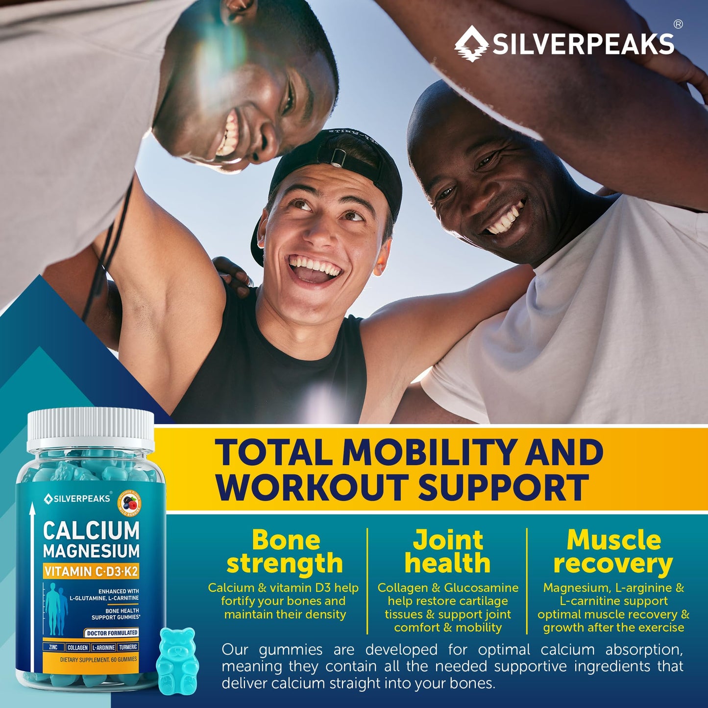 Silverpeaks Calcium Magnesium Gummies for Kids – Multivitamin with Vitamin D3, K2, C, Zinc & Collagen, 120 Gummies